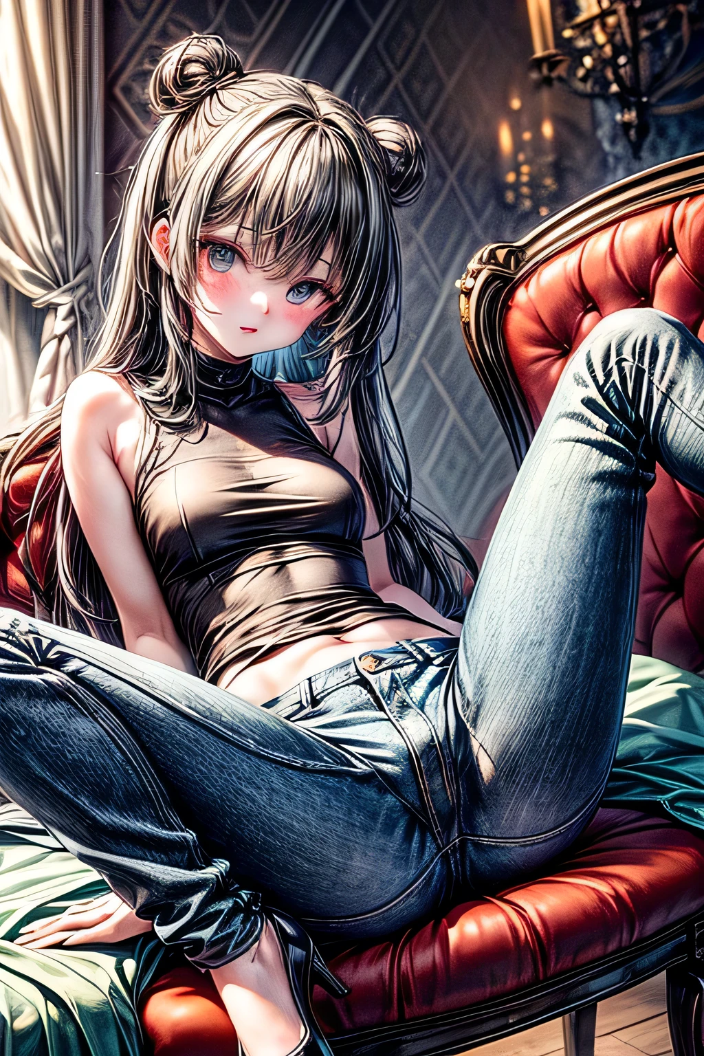 ((best quality))), ((wallpaper 8k CG)),
renaissance style Architecuture,
in room

red plush chair,

A woman lies with her heels on the arm of a chair and her legs wide apart.
sit with your legs spread out in front of you.,

,full body,ass
,tight jeans,tight shirts,sleeveless
,forcus crotch,(her legs spread in M legs:1.1), ((spread legs:1.4),from front:1.4
