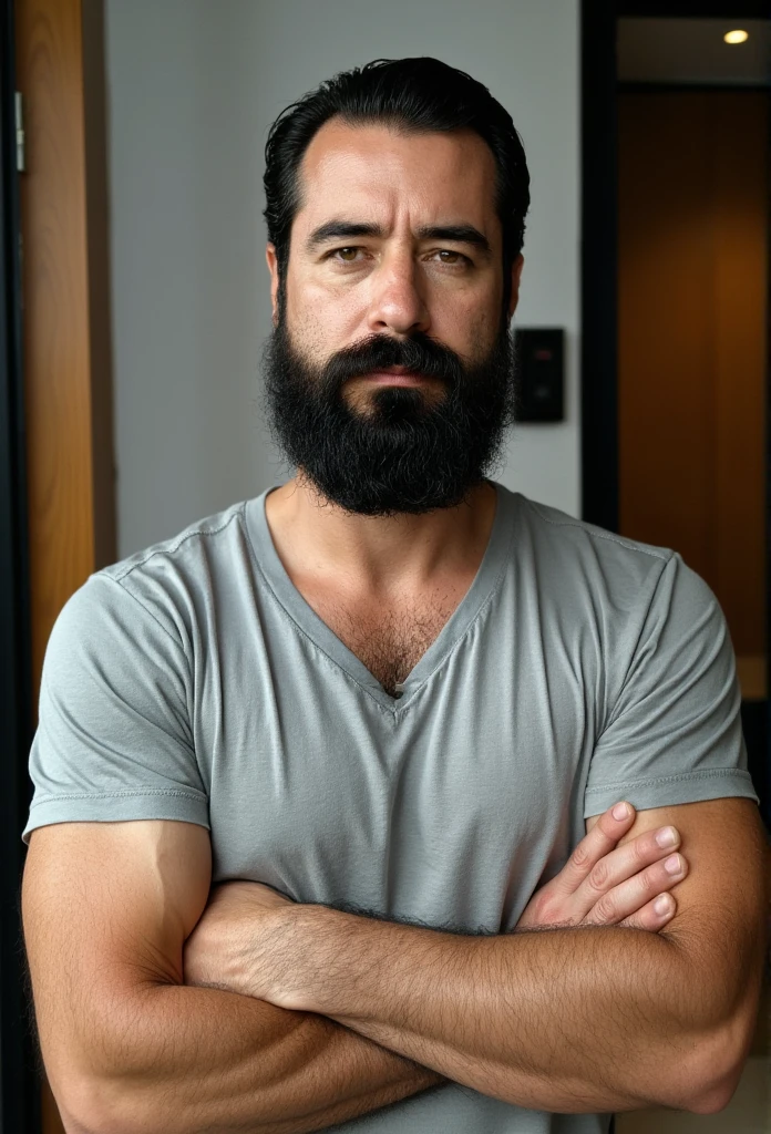 A hyperrealistic portrait of a bearded man with long hair tied back, looking directly at the camera with a focused expression. He has dark hair with streaks of gray, especially in his beard. He is wearing a blue t-shirt. The background features a home interior with muted lighting, modern furniture, including a ceiling light fixture, and a wooden cabinet on the right side.