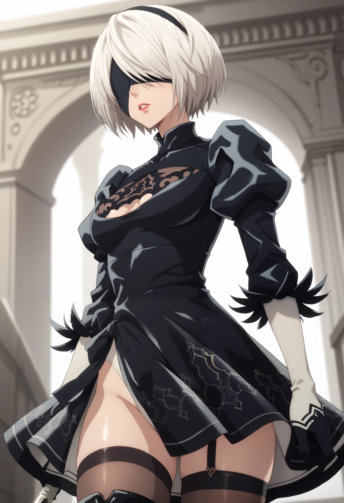 A stunning anime-style rendition of 2B (YoRHa No.2 Type B) from Nier: Automata. She is a graceful yet strong android with white hair styled in a neat bob, an elegant black blindfold covering her eyes, and a sleek black gothic-inspired battle dress adorned with intricate lace patterns. Her outfit includes thigh-high stockings and combat boots. The background is a ruined city and overgrown vegetation, highlighting her mysterious and futuristic aesthetic. The artwork captures a dramatic pose emphasizing her confident and heroic demeanor. Detailed anime shading, with vibrant colors and high contrast, showcasing the character's unique charm