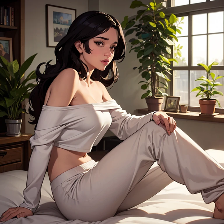 (photorealism:1.2), beautiful woman, sitting on bed, wearing loose off-shoulder top, pajama pants, long curly hair, indoors, soft lighting, plants in background, window with sunlight, cozy room, relaxed pose, realistic, intricate details, warm colors, by Greg Rutkowski, by Alphonse Mucha