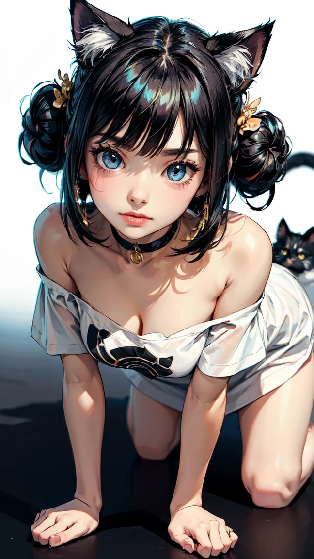 you are a cat in heat。 cats walk on all fours。Squeeze between both breasts(stick-shaped milk candy)、The face is more on the ground。(Best Quality, hight resolution, masutepiece:1.2), Ultra-detailed, Realistic:1.37, left gold hair、 Inwardly curled short bob hair,Hide one eye with bangs 、Sleepy eyes, Beautiful detailed eyes, Beautiful detailed lips, Smile, Choker, Woman、She has a very large and beautiful bust、frontage、put big boobs on the ground、lie down on your stomach、Spread your legs and lift your butt very, very high.、Forward leaning position、Like a cat;s yawning pose、raise your butt above your shoulders、Arms are under the breasts、lower the upper body、Full body show、open your mouth very, very wide。、Turn up your cotton clothes from below until you can see your breasts.。put your hand on your chin、put your elbows on the ground。