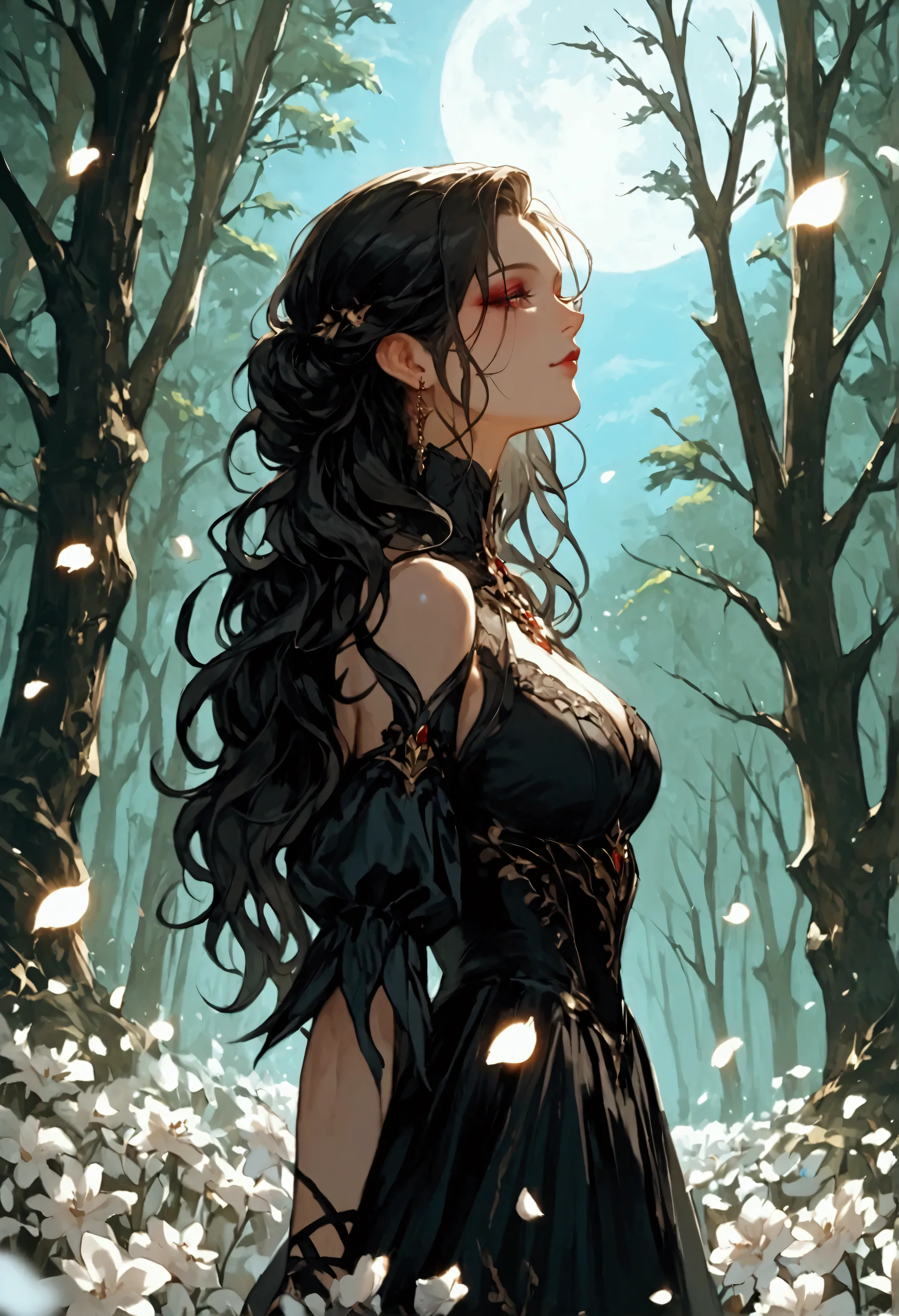 score_9, score_8_up, score_7_up, score_6_up, score_5_up, score_4_up, anime comic illustration fantasy art, ( mass of white petals: 1.5) falling from the sky on a beautiful female vampire standing in forest, cloud of white petals swirling around the vampire, full body, beautiful vampire, long black hair, wearing black dress, epic flowing (white petals: 1.3), swirling white petals, fantasy forest background, it is night the moon rays reflect on the petals, ((high contrast: 1.5), [[anatomically correct]], high details, best quality, 8k, [ultra detailed], masterpiece, best quality, (extremely detailed), dynamic angle, intricate details,