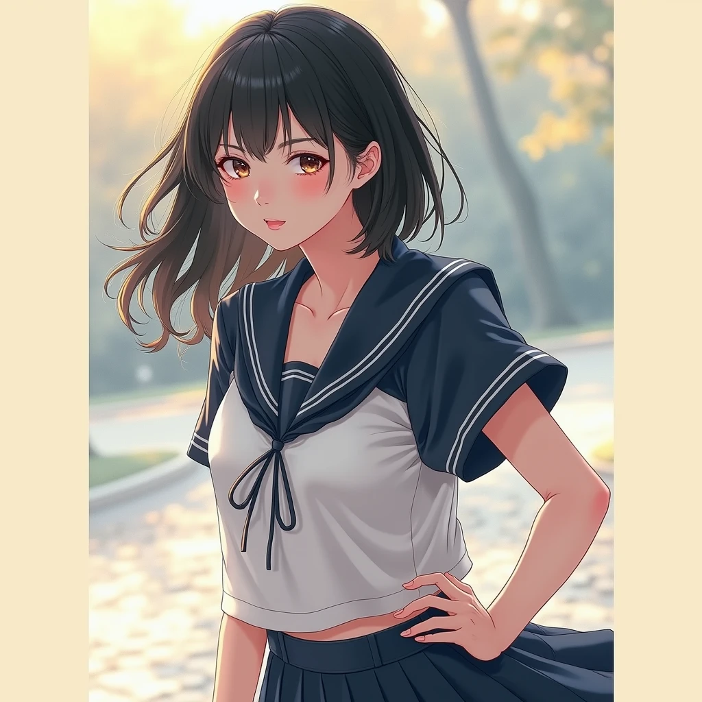 masterpiece, best quality, 4k, 8k, highres, ultra-detailed, photorealistic, realistic, physically-based rendering, HDR, UHD, studio lighting, extremely detailed, professional, vivid colors, sharp focus, bokeh, 1girl, , beautiful detailed eyes, beautiful detailed lips, long eyelashes, black ponytail, large bow, blush, leaning forward, school classroom, blackboard, wooden desk, window, white shirt, navy blue skirt,
