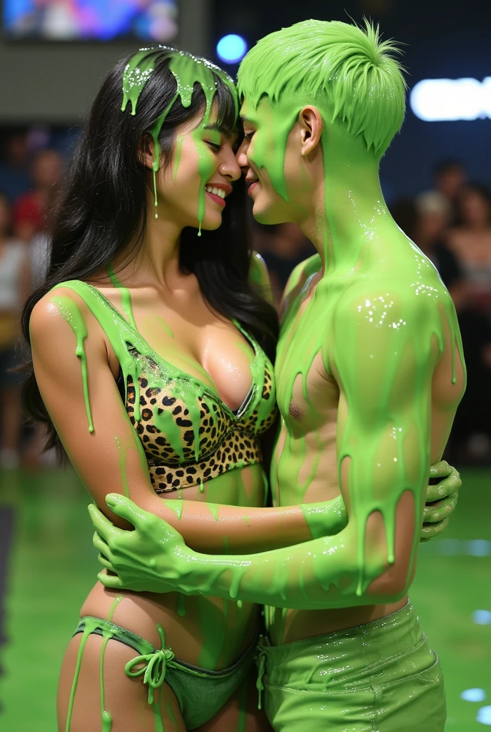 Film photograph of Korean woman and Caucasian man covered in green slime. Photorealistic. Glistening liquid. Green slime. Raw photo. Korean model. (Korean girl: 1.1). F/1.4 aperture. 35mm. Leopard print tube top. Cleavage. Wavy Black hair. Gameshow. Portrait photograph. Film photo. Sex. Having sex. Doggy style. Fucking from behind.