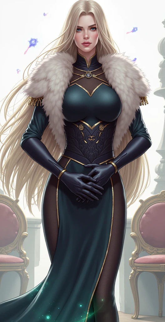 high quality, detailed image, Anime style, very rich woman, arrogant look and smile, Arrogant expression, long wavy hair, lush breasts, in a tight costume of an aristocratic fencer with expensive jewelry but without a cloak or coat, gloved, without pouges, in leather boots, in tight trousers, wearing a beret, stands absolutely alone in the aristocrat's room, medieval fantasy