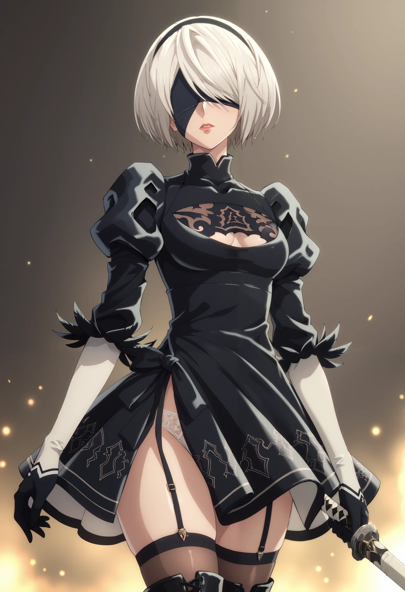 A stunning anime-style rendition of 2B (YoRHa No.2 Type B) from Nier: Automata. She is a graceful yet strong android with white hair styled in a neat bob, an elegant black blindfold covering her eyes, and a sleek black gothic-inspired battle dress adorned with intricate lace patterns. Her outfit includes thigh-high stockings and combat boots. The background is a ruined city and overgrown vegetation, highlighting her mysterious and futuristic aesthetic. The artwork captures a dramatic pose emphasizing her confident and heroic demeanor. Detailed anime shading, with vibrant colors and high contrast, showcasing the character's unique charm