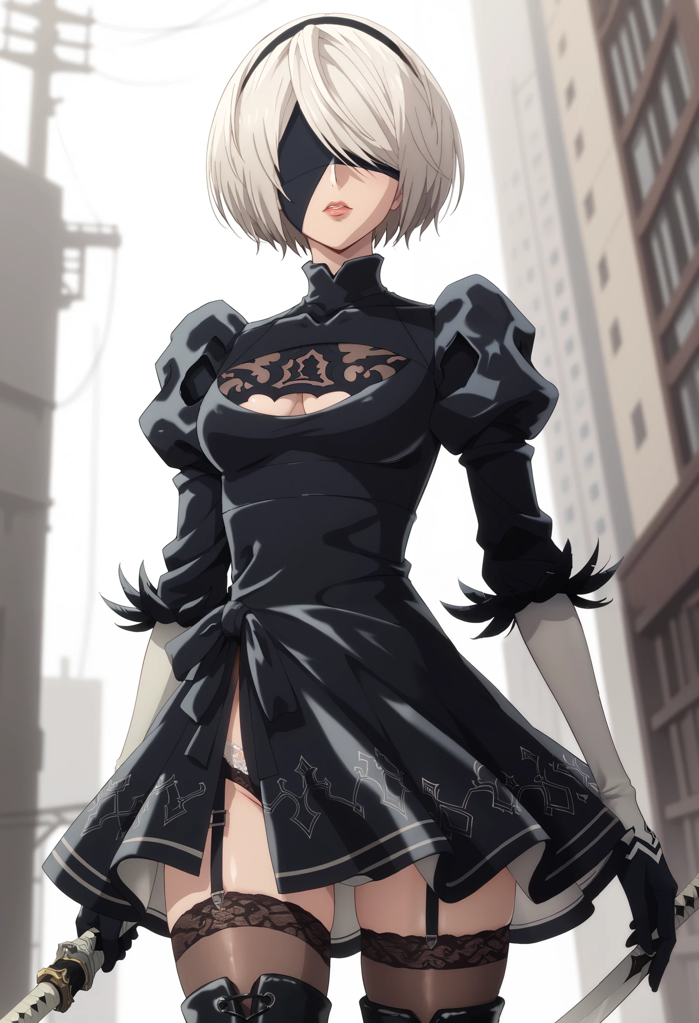 A stunning anime-style rendition of 2B (YoRHa No.2 Type B) from Nier: Automata. She is a graceful yet strong android with white hair styled in a neat bob, an elegant black blindfold covering her eyes, and a sleek black gothic-inspired battle dress adorned with intricate lace patterns. Her outfit includes thigh-high stockings and combat boots. The background is a ruined city and overgrown vegetation, highlighting her mysterious and futuristic aesthetic. The artwork captures a dramatic pose emphasizing her confident and heroic demeanor. Detailed anime shading, with vibrant colors and high contrast, showcasing the character's unique charm
