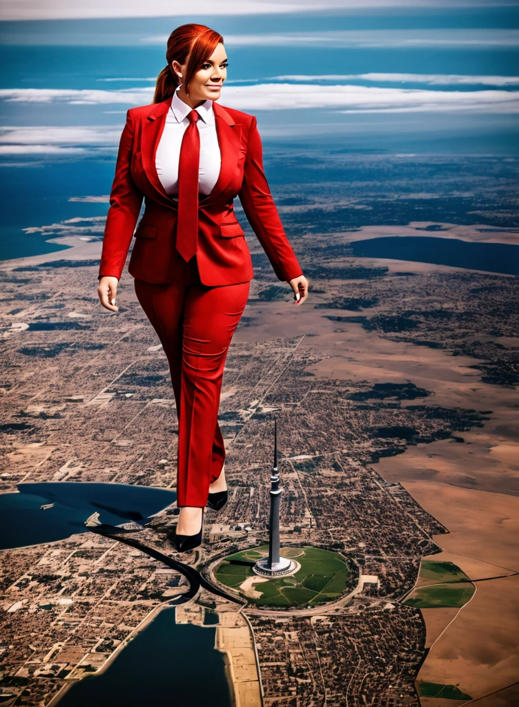 Giantess art, (towering over a planet 1000’s of miles tall) bbw giant schoolgirl in distance walking across a planet, young women with beautiful curves, massive thighs, ginger hair, lipstick, wearing a red pinstripe trouser suit and blazer, crisp white shirt with large collar, shirt covering breasts, large blade width Windsor knot red necktie, with massive breasts. She is wearing smart working high heels and standing on a miniature planet, with massive cities no bigger than her feet, smiling with her huge breasts. This image is highly detailed, photorealistic, best quality, a masterpiece, with cinematic lighting, ultra-detailed, long ponytail hair with front bangs, high altitude photography, satellite view, a curvy figure, heaving bosom, legs, a stepping on mulitple mega city,, destruction, buildings, roads, a cloudy, overcast, hazy atmosphere, and wispy clouds. Seen from orbit