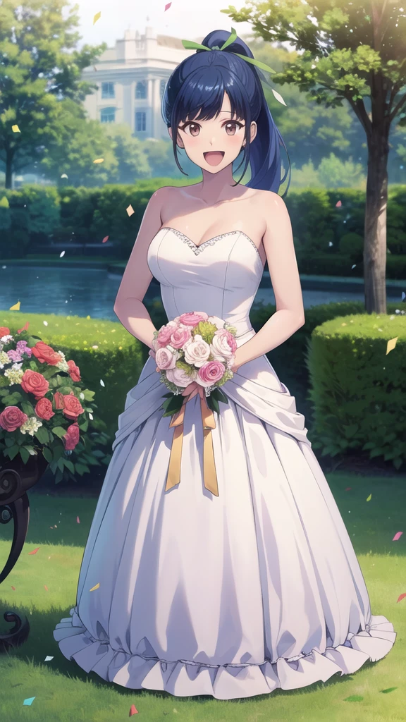 masterpiece, best quality, highres, 1girl, solo, long hair, blue hair, ponytail, hair ribbon, brown eyes, wedding Dress, standing, garden, confetti, holding bouquet, smile, open mouth,