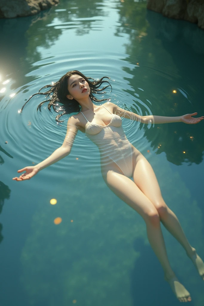 A woman in her 30s, with small breasts, completely naked, standing in water, her body wet and glistening. Her skin is highlighted by the droplets of water, giving it a shimmering effect. The water is clear and pristine, reflecting the surrounding light and creating a serene atmosphere. The woman's posture is graceful and confident, exuding a sense of sensuality and freedom. The scene is tastefully captured with a medium of photography, emphasizing the beauty of the female form. The image quality is exquisite, with a high resolution (4k or 8k) and ultra-detailed rendering. The lighting is soft and natural, accentuating the curves and contours of the woman's body. The colors are vibrant and vivid, enhancing the overall aesthetic appeal. Throughout the image, there is a harmonious balance between the woman's body, the water, and the surrounding environment.