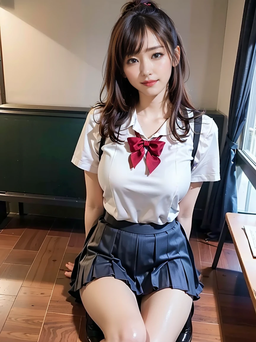 top-quality、Top image quality、​masterpiece、fully body photo、18yo woman、Dark brown shorthair、bangss、((Schoolgirl Uniform、White short-sleeved shirt、Chest Red Ribbon))、 ((no-bra、Puffy nipple、))、soft boob、breasts of medium size,、Kamimei、 Shy laughter、school classrooms、Show your ass、((Grasp your breasts with both hands over your clothes、open one's legs、Open both knees))