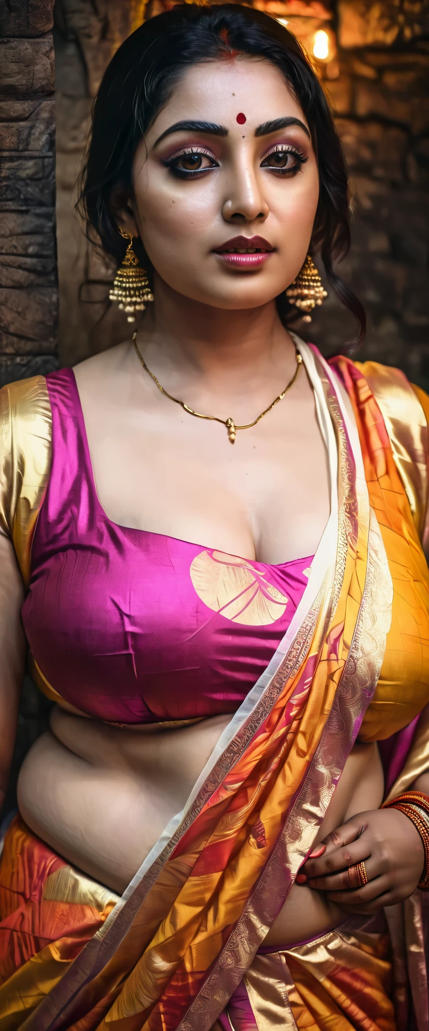 A woman, wearing erotic saree , pale white skin tone ,looking at viewer, sensual pose, dramatic lighting, chiaroscuro, cinematic, dark, haunting, dramatic, moody, high contrast, vivid colors, glowing skin, oil painting, digital art, hyper realistic, photorealistic, best quality, 8k, masterpiece, ultra-detailed,chubby aadi, n1p, ketika , yamig, yami, huge cleavage , underboob , revbra, ((full curvy body)), ((full body view)), ((thick thigh)), high resolution, detailed eye makeup, 