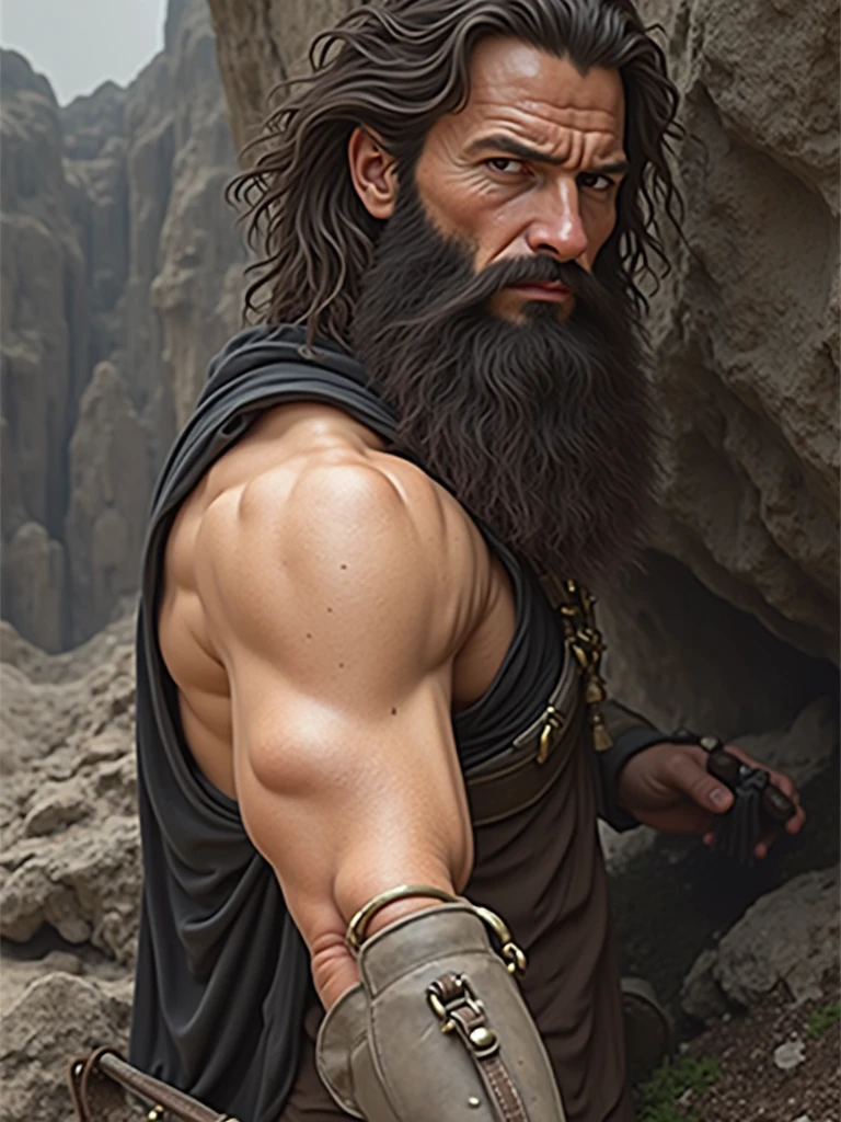 man who looks like caveman Jesus Christ shitting on a rock that has a hole in it