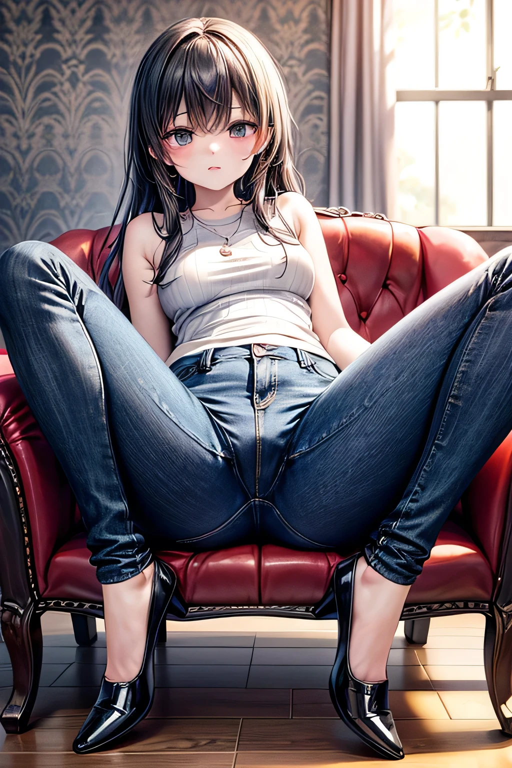 ((best quality))), ((wallpaper 8k CG)),
renaissance style Architecuture,
in room

red plush chair,

A woman lies with her heels on the arm of a chair and her legs wide apart.
sit with your legs spread out in front of you.,

,full body,ass
,tight jeans,tight shirts,sleeveless
,forcus crotch,(her legs spread in M legs:1.1), ((spread legs:1.4),from front:1.4
