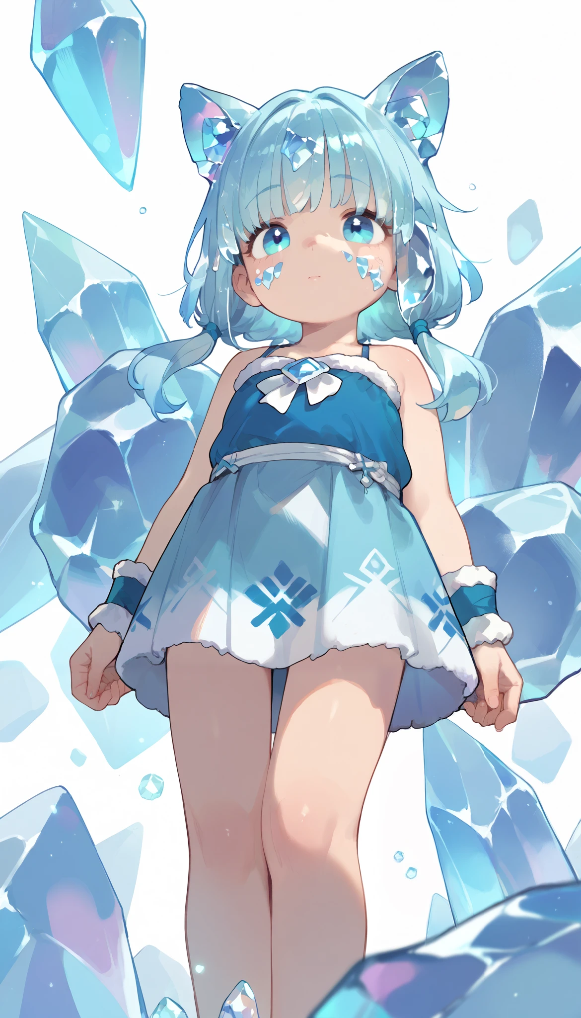 (masterpiece, best quality), 1girl, blue hair, ice hair, blue eyes, ice shards, hands crystal ice, ice blade, blue magic circle, blue corset, black thighhighs, sidelighting, light particles, abstract,