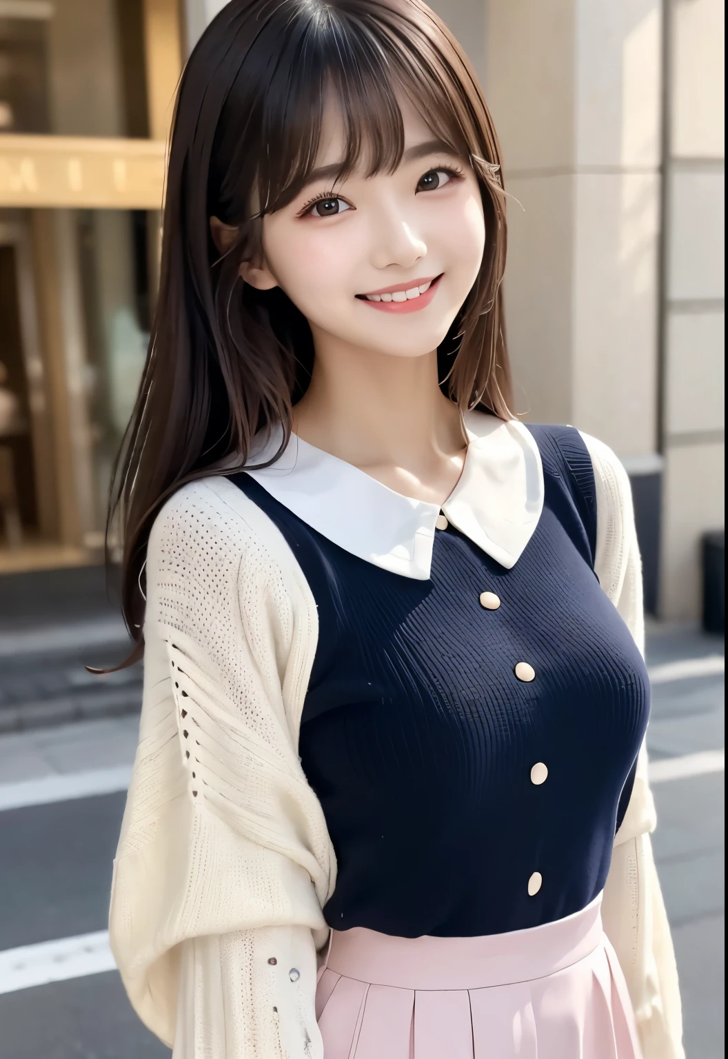 a closeup, ​masterpiece, top-quality, FULL ANATOMY、Raw foto, Photorealsitic、(Cute little face:1.5)、(Very cute smile:1.7)、(with round face:1.9)、(She looks like an idol and is cute:1.7), (A dark-haired)、(cute school uniform:1.7), depth of fields, hight resolution, ultra-detailliert, finely detail, ighly detailed, extremely detailed eye and face, Realistic pupils, foco nítido, Cinematic lighting、18-year-old woman、(One lady、Only one person、独奏、without background:1.9)、 (poneyTail、curlyhair:1.4)、Very detailed 8k wallpaper、Show me your whole body、Looking at the camera、(Too short plaid pleated skirt、I can see the white panties、Plump panties、Lift the hem of the skirt with both hands、Showing her panties to the camera:1.7）、(Brown Long Boots:1.6)、Angle from below、(Thigh close-up:1.6)、(Nice figure、big breasts thin waist)、(Clothes with emphasized chest bulge、Colossal tits:1.7)、Background depth of field