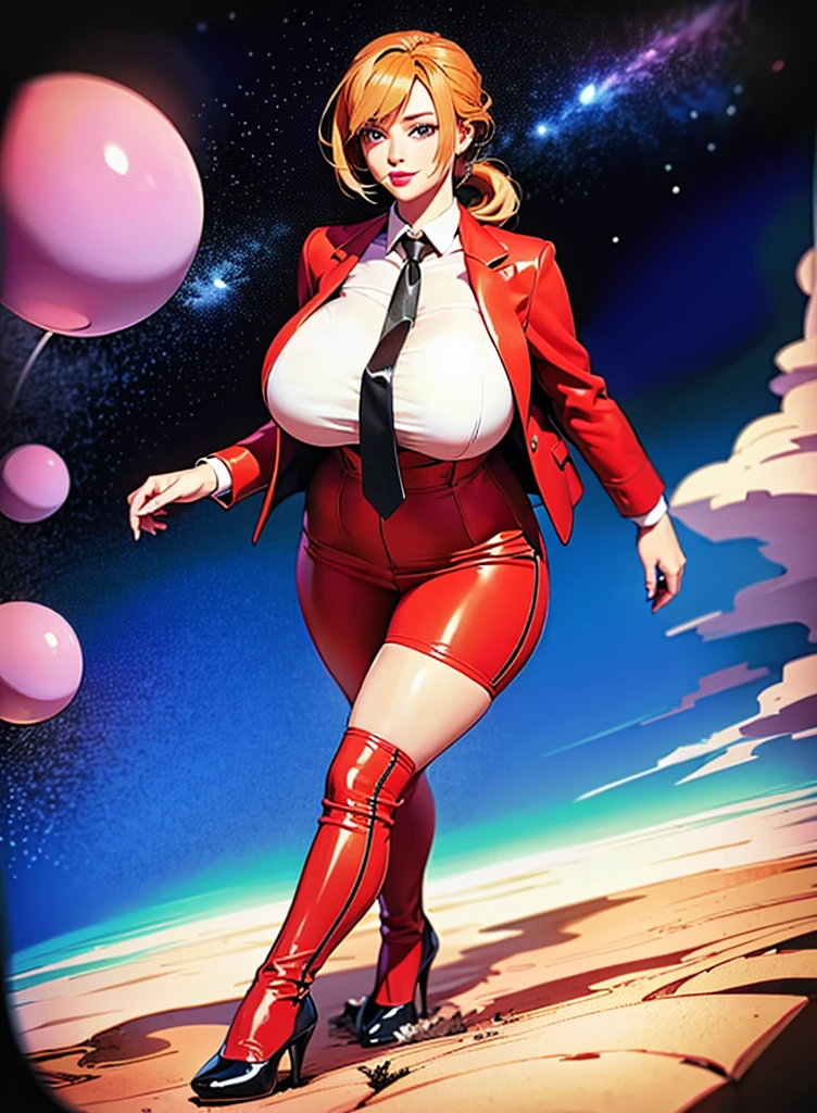 Giantess art, (towering over a planet 1000’s of miles tall) bbw giant schoolgirl in distance walking across a planet, young women with beautiful curves, massive thighs, ginger hair, lipstick, wearing a red pinstripe trouser suit and blazer, crisp white shirt with large collar, shirt covering breasts, large blade width Windsor knot black necktie, with massive breasts. She is wearing smart working high heels and standing on a miniature planet, with massive cities no bigger than her feet, smiling with her huge breasts. This image is highly detailed, photorealistic, best quality, a masterpiece, with cinematic lighting, ultra-detailed, long ponytail hair with front bangs, high altitude photography, satellite view, a curvy figure, heaving bosom, legs, a stepping on mulitple mega city,, destruction, buildings, roads, a cloudy, overcast, hazy atmosphere, and wispy clouds. Seen from orbit