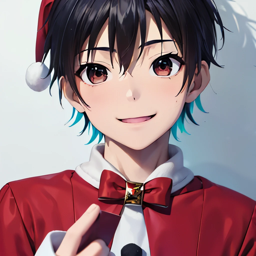best quality、 HIGH DEFINITION 、(High image quality:1.2)、masterpiece、 detailed background、 fantastic background、 anatomically accurate 、(The number of fingers is normal :1.4)、 age beauty 、 black hair color 、 short hair、The color of the eyes is a gradation of black and red (A boy in a red Santa costume 、I hand Len a present with a smile 、 will receive a colorful present with surprise and joy:1.5)、