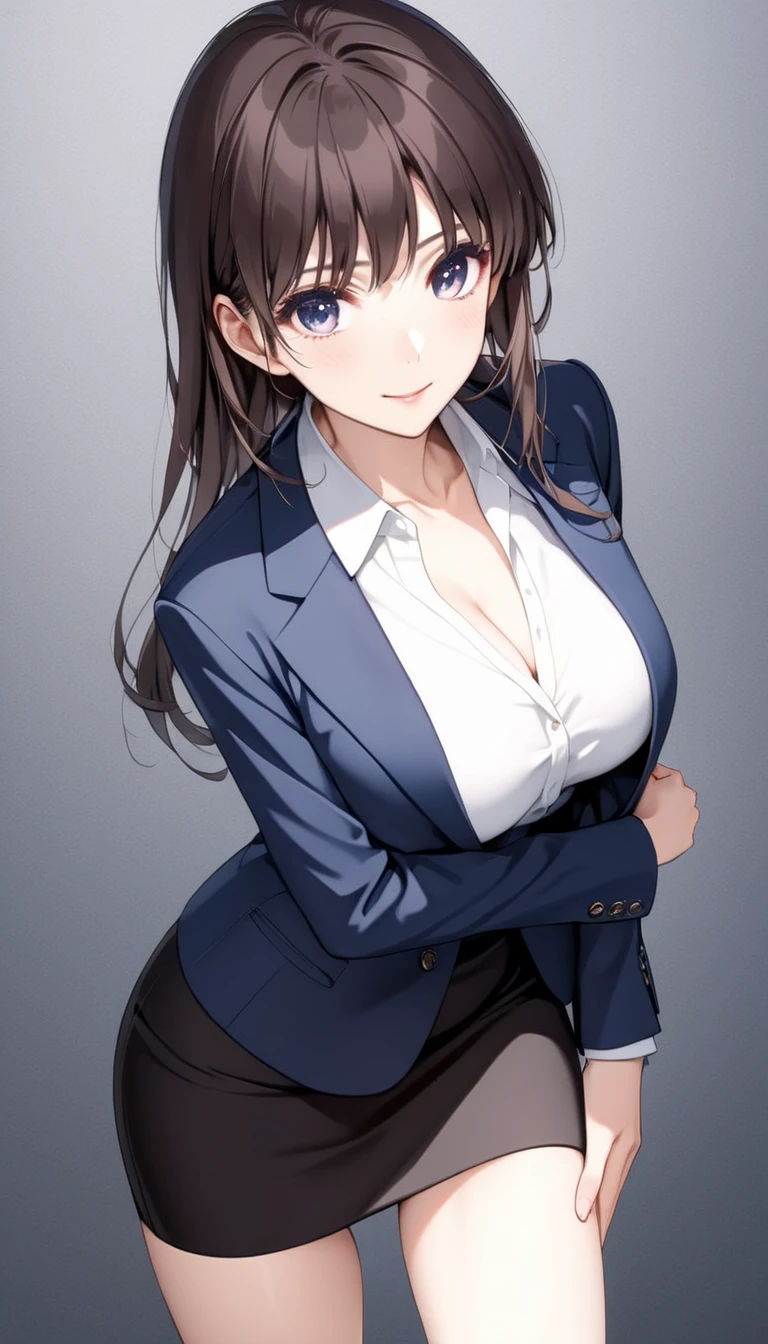 Megumi Kato,  1 girl, Alone, bangs,  brown hair, (((Female lawyer, formal suit skirt ,  hip-length pencil skirt ,  white blouse,   Navy Blue Jacket,Big Breasts、 cleavage、 panchira ,))), skinny, Alone, 1 female,   Masterpiece ,   best quality ,   best quality , 16k,  unbelievably ridiculous ,  high definition, 2.5D, AI-generated, Delicate and dynamic,  Very delicate facial expression, Delicate eye depiction,  erotic, only  sexy woman, ((A cute and kind face)), Healthy body shape, ((25-year-old woman)), Height: 170cm,  medium firm swaying bust, sexy, (( Thin Thighs )),,  shiny,  Facing Viewers , smile, ((Oily_skin)), (( Dutch angle )), (( erotic pose)),  fashion model posing with faded gray hair,   fashion model style DJ, (close-up),