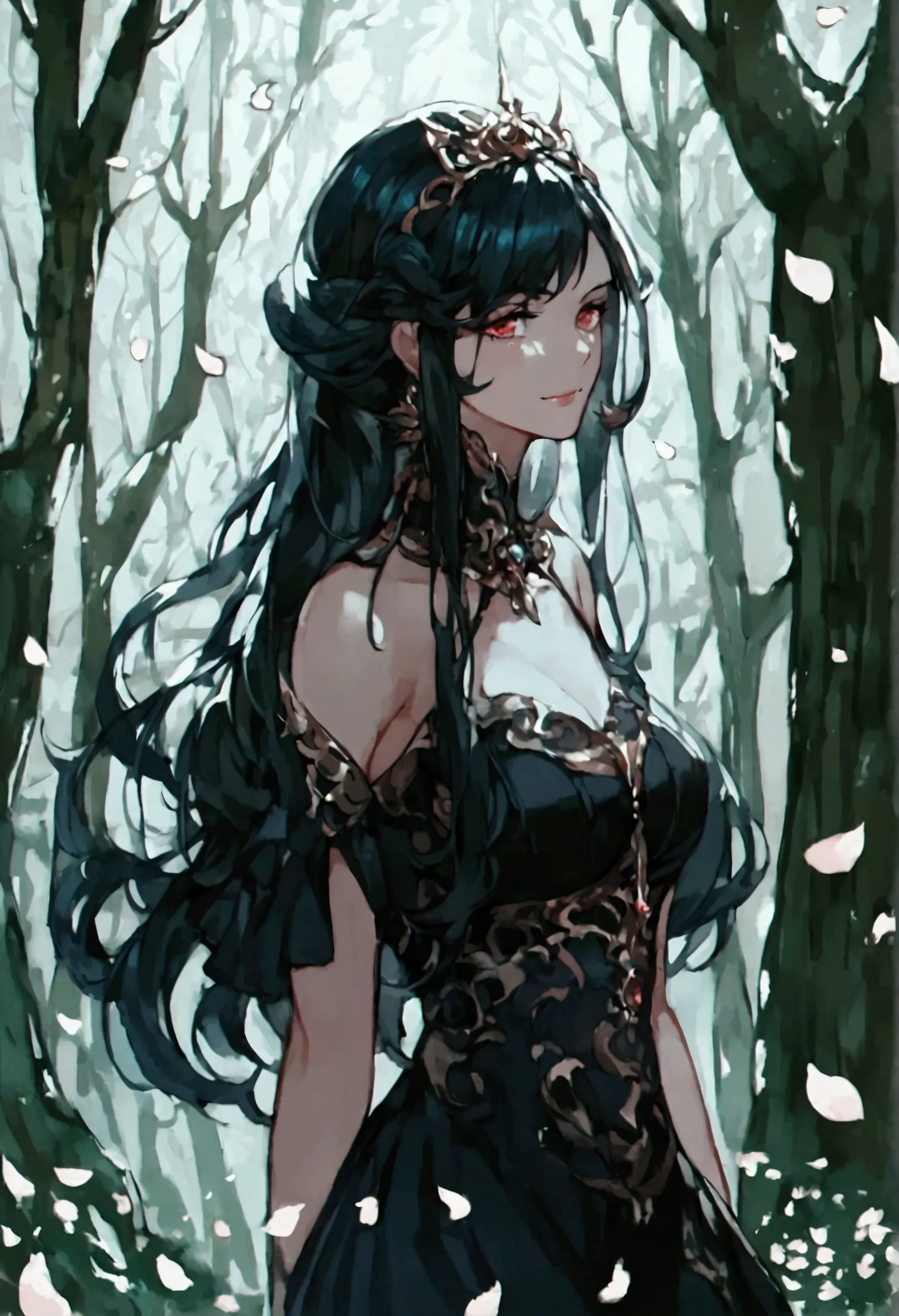 score_9, score_8_up, score_7_up, score_6_up, score_5_up, score_4_up, anime comic illustration fantasy art, ( mass of white petals: 1.5) falling from the sky on a beautiful female vampire standing in forest, cloud of white petals swirling around the vampire, full body, beautiful vampire, long black hair, wearing black dress, epic flowing (white petals: 1.3), swirling white petals, fantasy forest background, it is night the moon rays reflect on the petals, ((high contrast: 1.5), [[anatomically correct]], high details, best quality, 8k, [ultra detailed], masterpiece, best quality, (extremely detailed), dynamic angle, intricate details, 