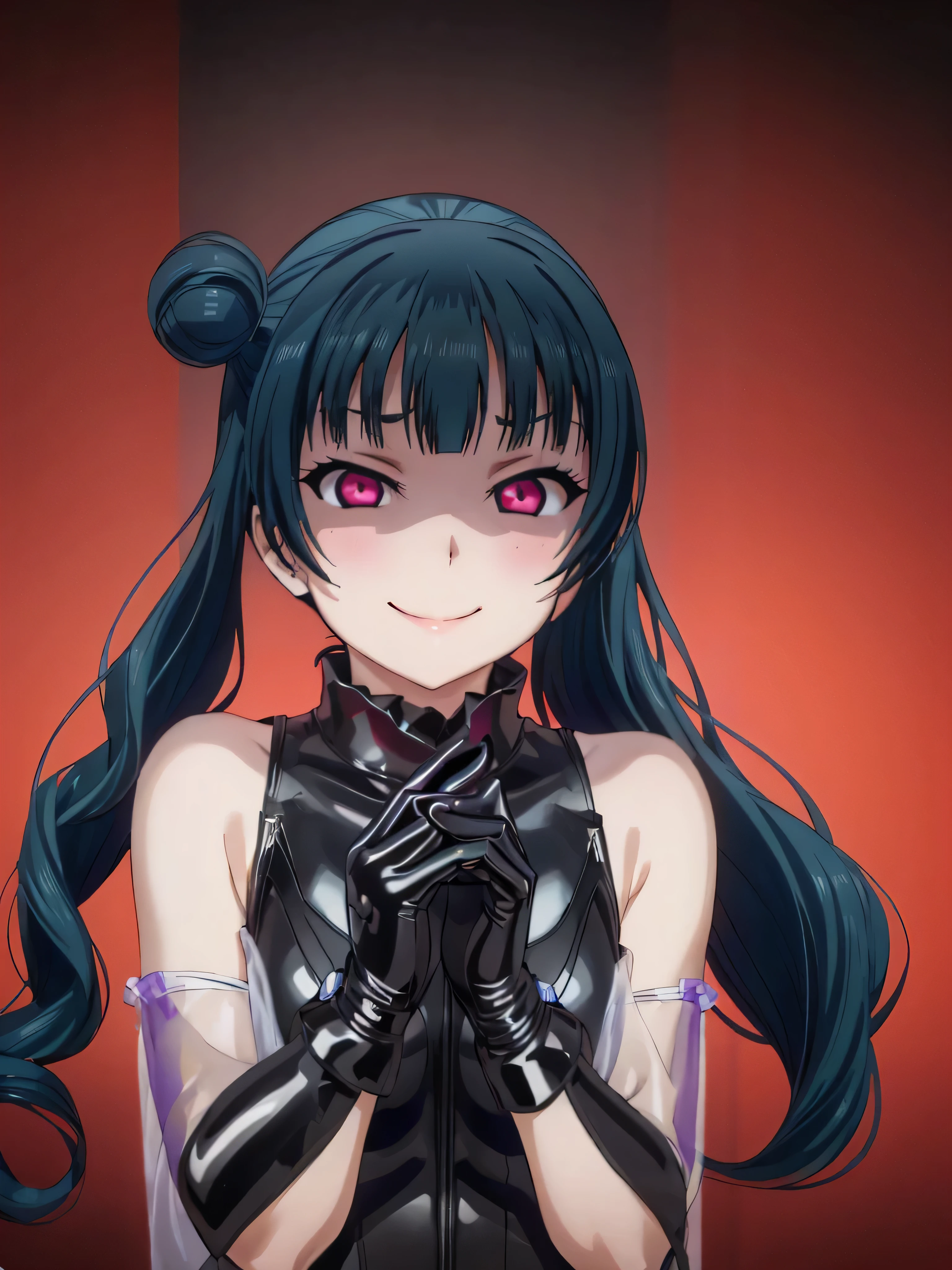 night、lovelive Black Background、Evil background、、Sensual dark light、A shiny black rubber suit that wraps around the body、tall、Upper Body、adult、、Alone、Navy blue hair twin tail drill Volumie、Upper Body、Evil female warrior、Fantasy、Condescending smile、Fallen into evil、Fall into Darkness, Yoshiko Tsushima,very evil smirk, (((black latex gloves)))、uneasy red background,beautiful hands,beautiful body,looking down at viewer,two hands,(masterpiece, best quality),