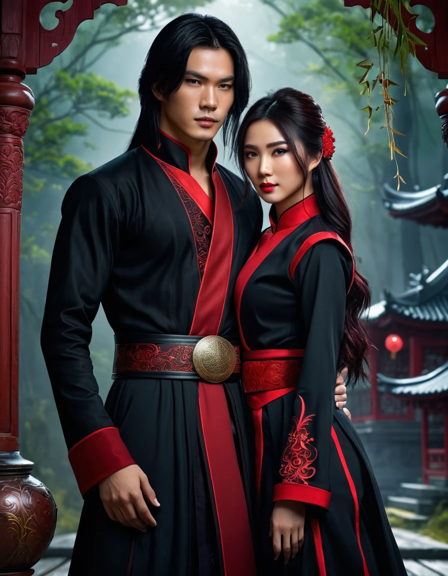 3d In the image,  ((( The image shows a young man with long dark hair , Asian,  dressed in black clothes with red trim and a belt . the magician ,  He has a stone ornament on his neck ))) hugs her sister from behind  (((woman in a long white dress  (((Old Slavonic with red patterns .)) black hair tied into a basket hairstyle She holds a pendant on a cord in her hands.)) In the background there is a dark forest and wooden houses on stilts ,  creating a mystical atmosphere ..  game art matte painting ,  oil painting in high detail, hyperdetailed 3D matt painting , computer game scene ,wlop and andrei riabovitchev , charlie bowater и artgeem,  Edmund Blair and Charlie Bowter  , seductive cyberpunk dark fantasy,  High resolution commission , style of charlie bowater, Чарли Боуотер и Том Бэгшоу  realistic image , masterpiece,  artwork ,  hyperrealistic, rendering ,  realistic physical rendering ,  photorealistic rendering ,  highly detailed ,  high-quality render ,  architectural rendering ,  very realistic 3D render ,  realistic image 