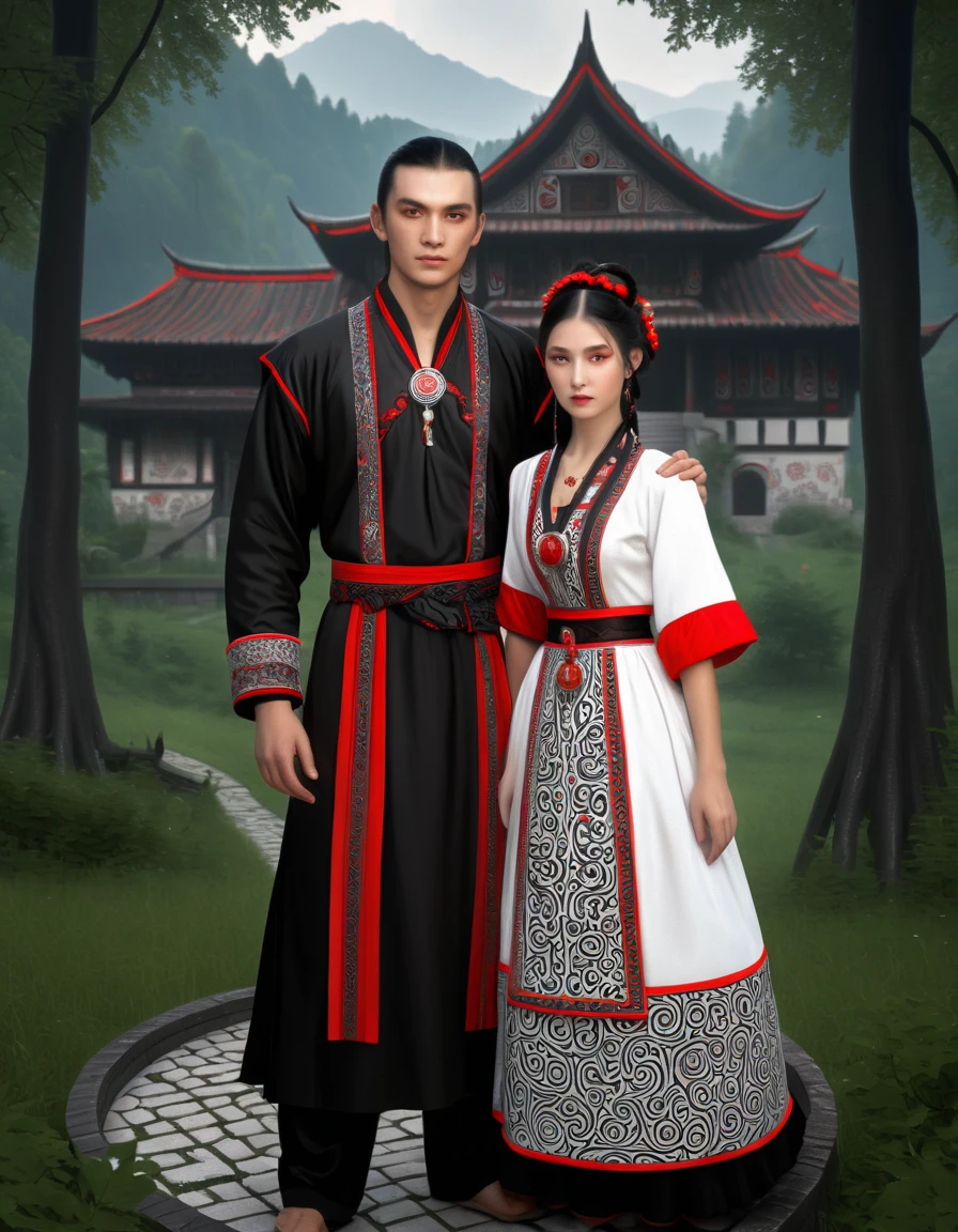 3d The image shows a young man with long dark hair , Asian,  dressed in black clothes with red trim and a belt . the magician ,  He has a stone ornament on his neck ))) hugs her sister from behind  (((woman in a long white dress  (((Old Slavonic with red patterns .)) black hair tied into a basket hairstyle She holds a pendant on a cord in her hands.)) In the background there is a dark forest and wooden houses on stilts ,  creating a mystical atmosphere .  game art matte painting ,  oil painting in high detail, hyperdetailed 3D matt painting , computer game scene 