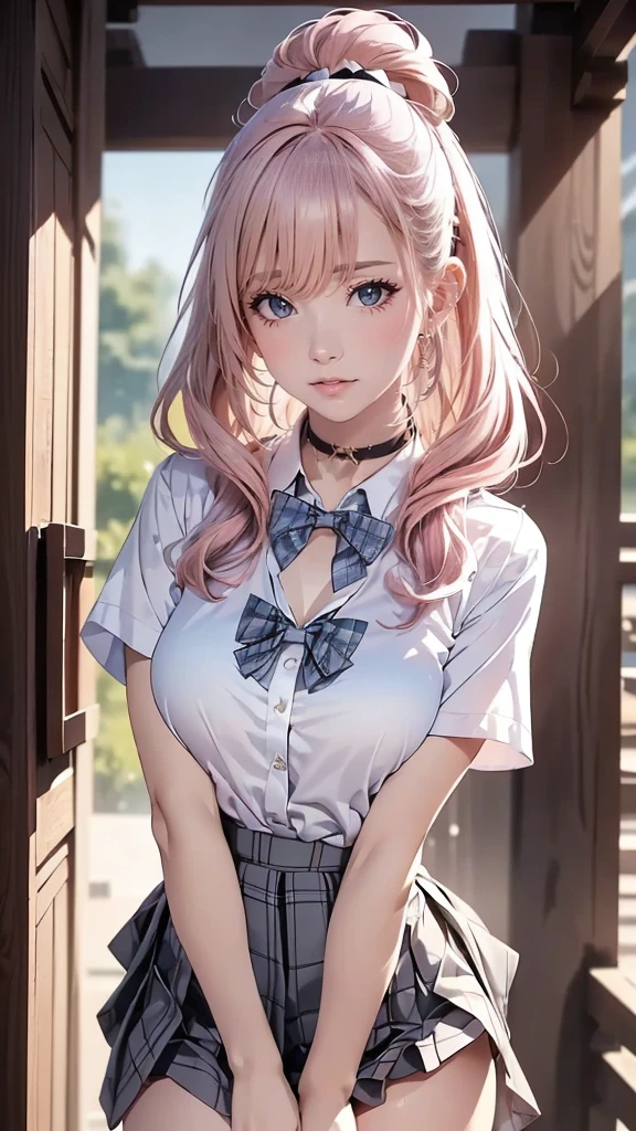 (best quality,4k,8k,highres,masterpiece:1.2),pink hair,short braided hair,beautiful ,girl's eyes are beautifully detailed and expressive,girl's lips are beautifully detailed,ultra-detailed,realistic,wearing school uniforms,playfully enjoying the moment,colorful and vibrant,soft natural lighting。Unbutton your shirt。sit on a bench and open your legs。put your feet on the bench。