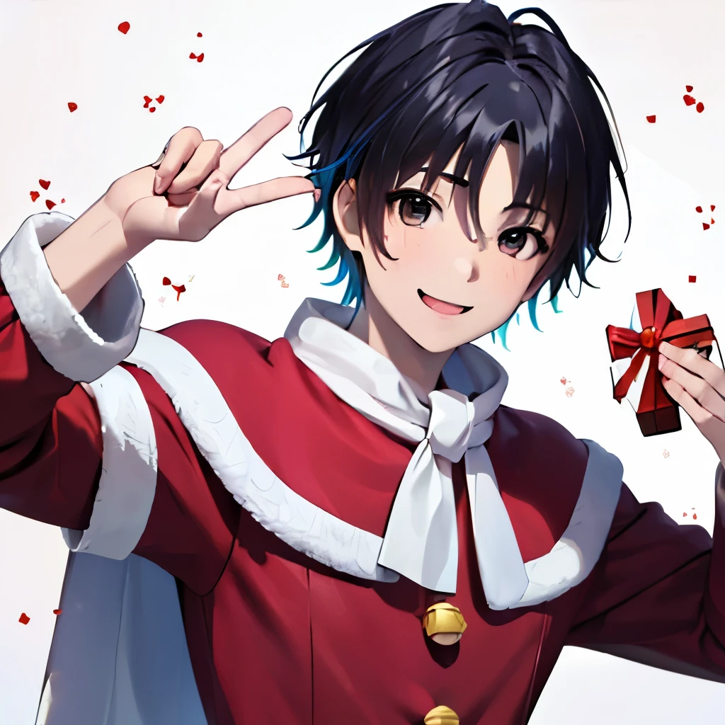 best quality、 HIGH DEFINITION 、(High image quality:1.2)、masterpiece、 detailed background、 fantastic background、 anatomically accurate 、(The number of fingers is normal :1.4)、 age beauty 、 black hair color 、 short hair、The color of the eyes is a gradation of black and red (A boy in a red Santa costume 、I hand Len a present with a smile 、 will receive a colorful present with surprise and joy:1.5)、 Handsome Man