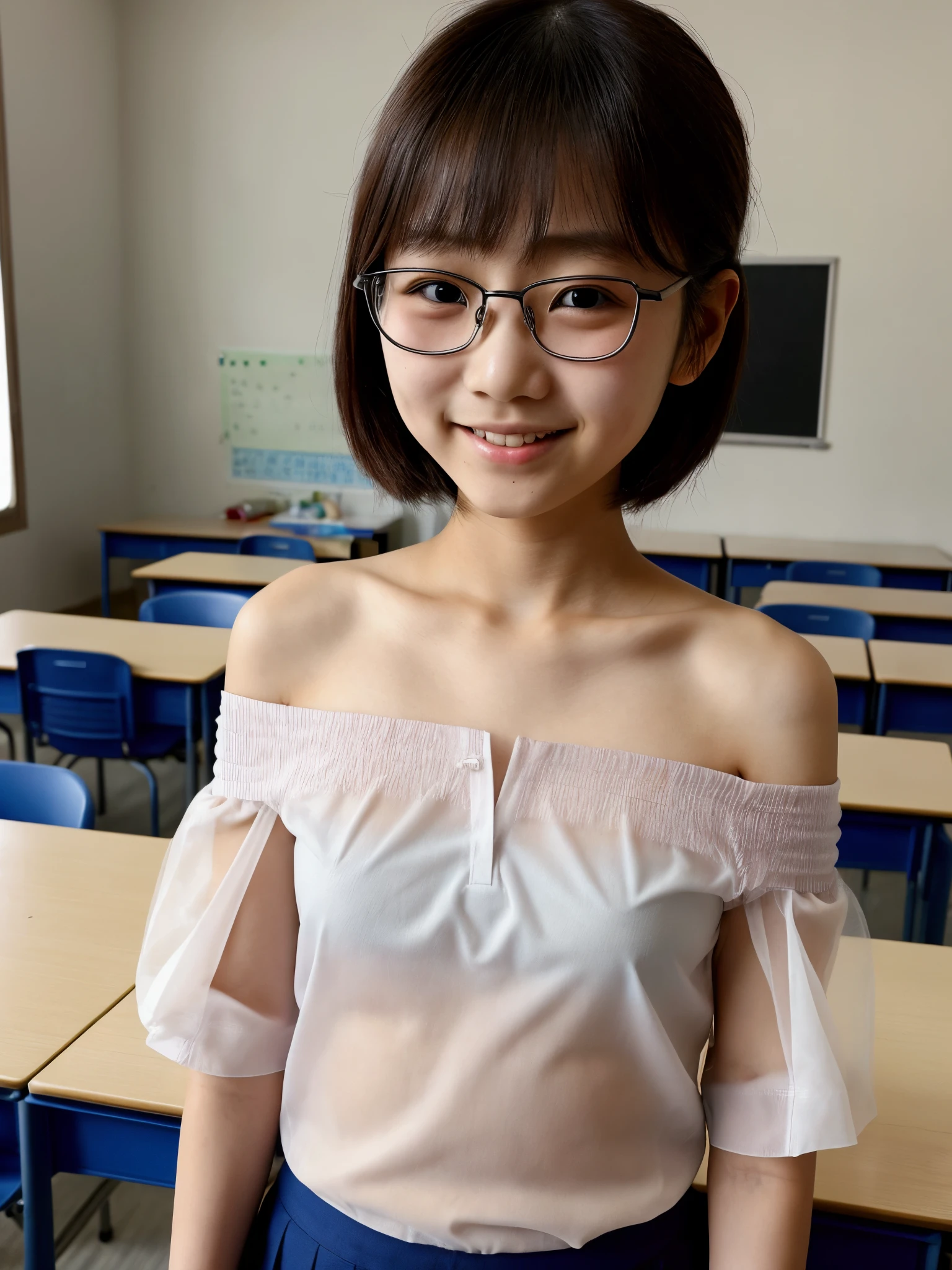 ((Highest quality)), ((Masterpiece)), (details), young girl, cute, young girl อายุ 15 ปี, Looks like Lisa, school classroom, long hair, glasses, bare chest, see nipples, completely naked