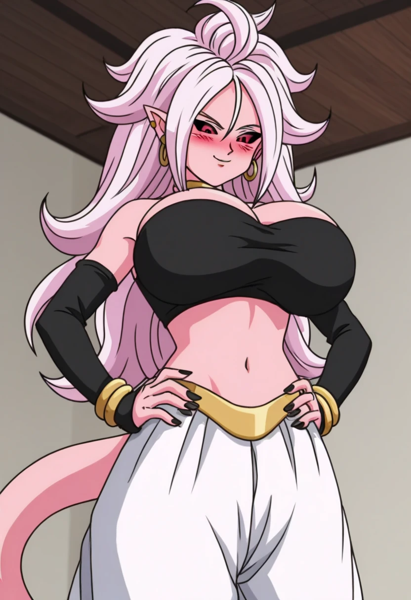 source_anime, score_9, score_8_up, score_7_up, anime screencap, 1girl,  majin,, solo, long hair, breasts, earclip, white hair, earrings, detached sleeves, pointy ears, majin eyes, tube top, pink skin, android 21, breasts,, blush, room, indoors, highres, navel, looking down, hands on stomach, close up, gigantic breasts 
