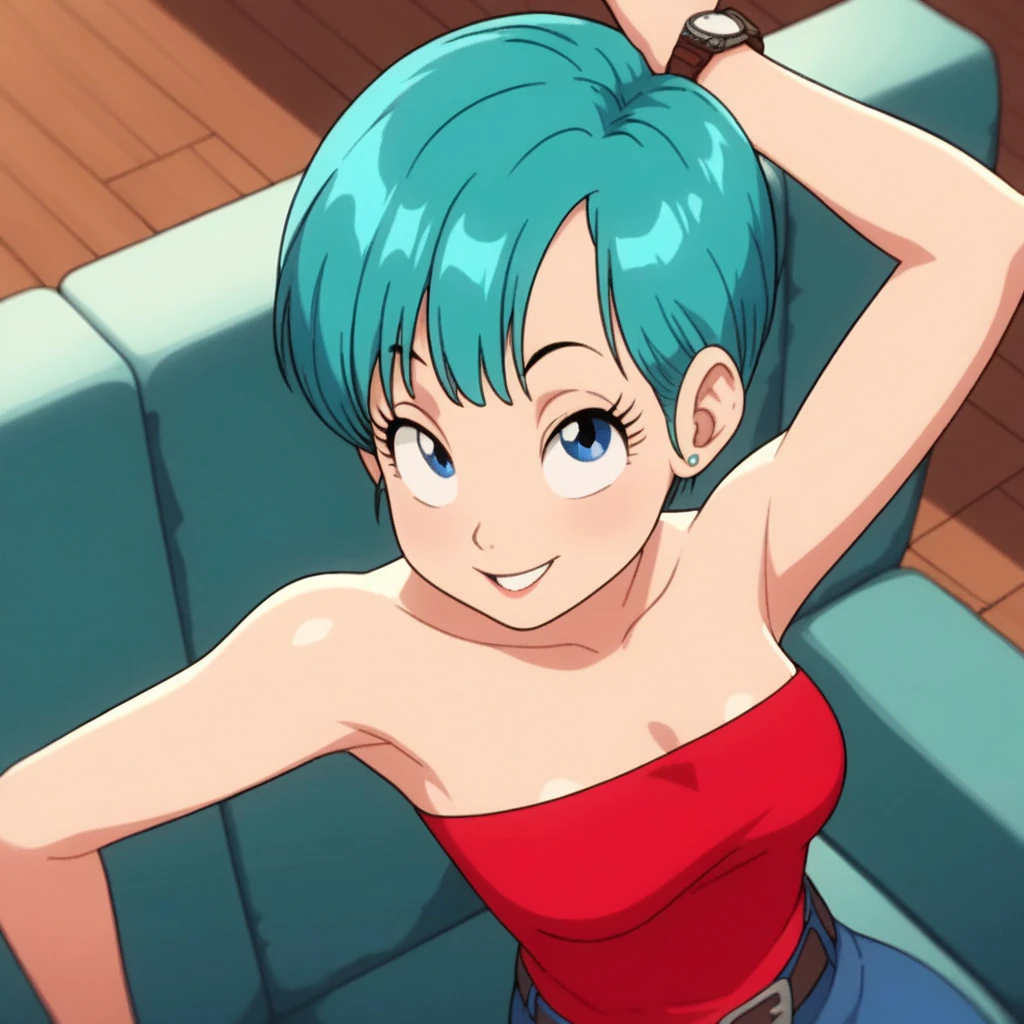 source_  animated,  score_9,  score_8_above,  score_7_above,   animated screencap, Bulma,   short hair , aqua hair,   cut bob, blows, Blue eyes, 1 woman, alone,   bare shoulders , strapless,   belt,  Medium chest, red shirt, pantalones blancos, wristwatch,   sitting on a sofa ,   seductive smile, showing her armpits
