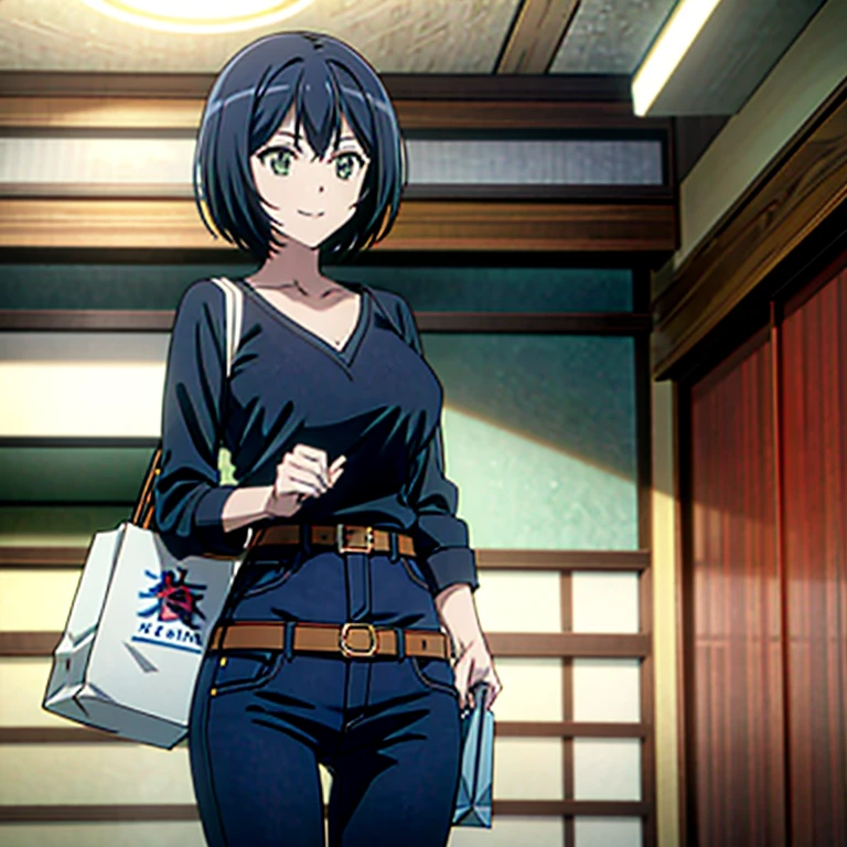 1girl, solo, Kanade sakurada, black hair, short hair, green eyes, orange shirt, v neck shirt, longe sleeves, blue jeans, large breast,full boody, smiling, belt, shoping center, indoors, shopping bag, looking at the viewers, masterpiece,