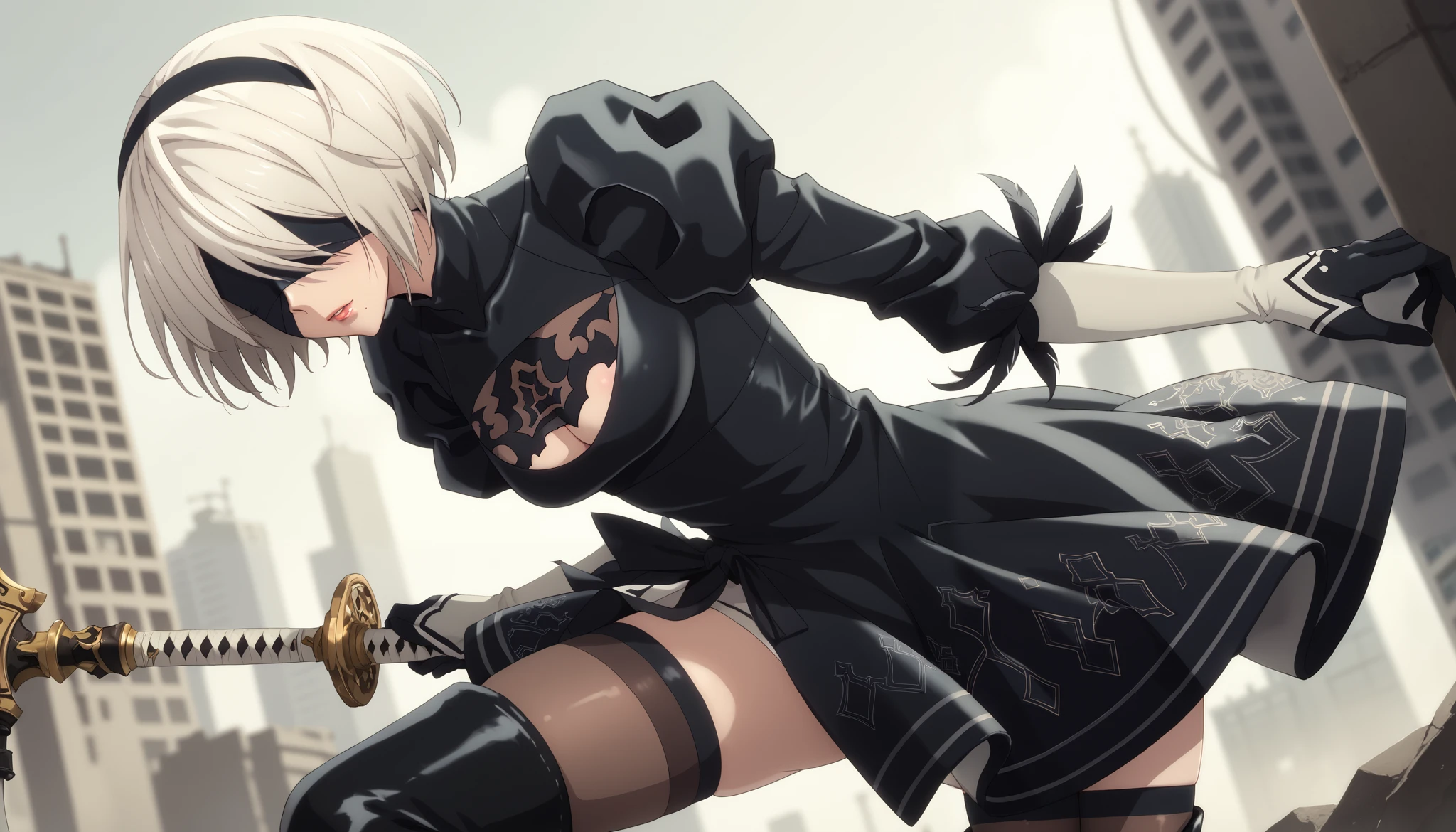 A stunning anime-style rendition of 2B (YoRHa No.2 Type B) from Nier: Automata. She is a graceful yet strong android with white hair styled in a neat bob, an elegant black blindfold covering her eyes, and a sleek black gothic-inspired battle dress adorned with intricate lace patterns. Her outfit includes thigh-high stockings and combat boots. The background is a city reclaimed by overgrown vegetation, highlighting the post apocalyptic aesthetic. The artwork captures a dramatic pose emphasizing her confident and heroic demeanor. Detailed anime shading, with vibrant colors and high contrast, showcasing the character's unique charm