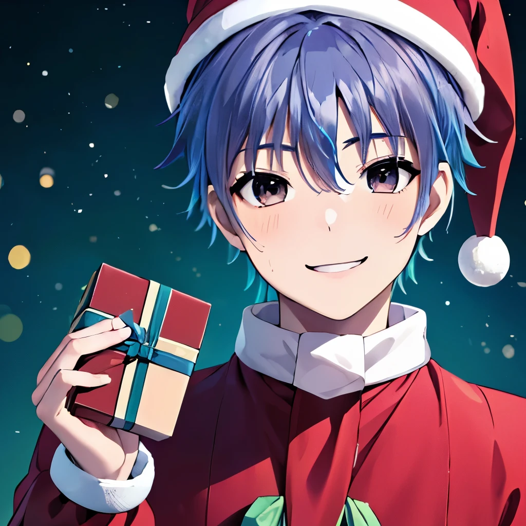 best quality、 HIGH DEFINITION 、(High image quality:1.2)、masterpiece、 detailed background、 fantastic background、 anatomically accurate 、(The number of fingers is normal :1.4)、 age beauty 、 Blue Hair Color 、 short hair、The color of the eyes is a gradation of black and red (A boy in a red Santa costume 、I hand Len a present with a smile 、 will receive a colorful present with surprise and joy:1.5)、 Handsome Man