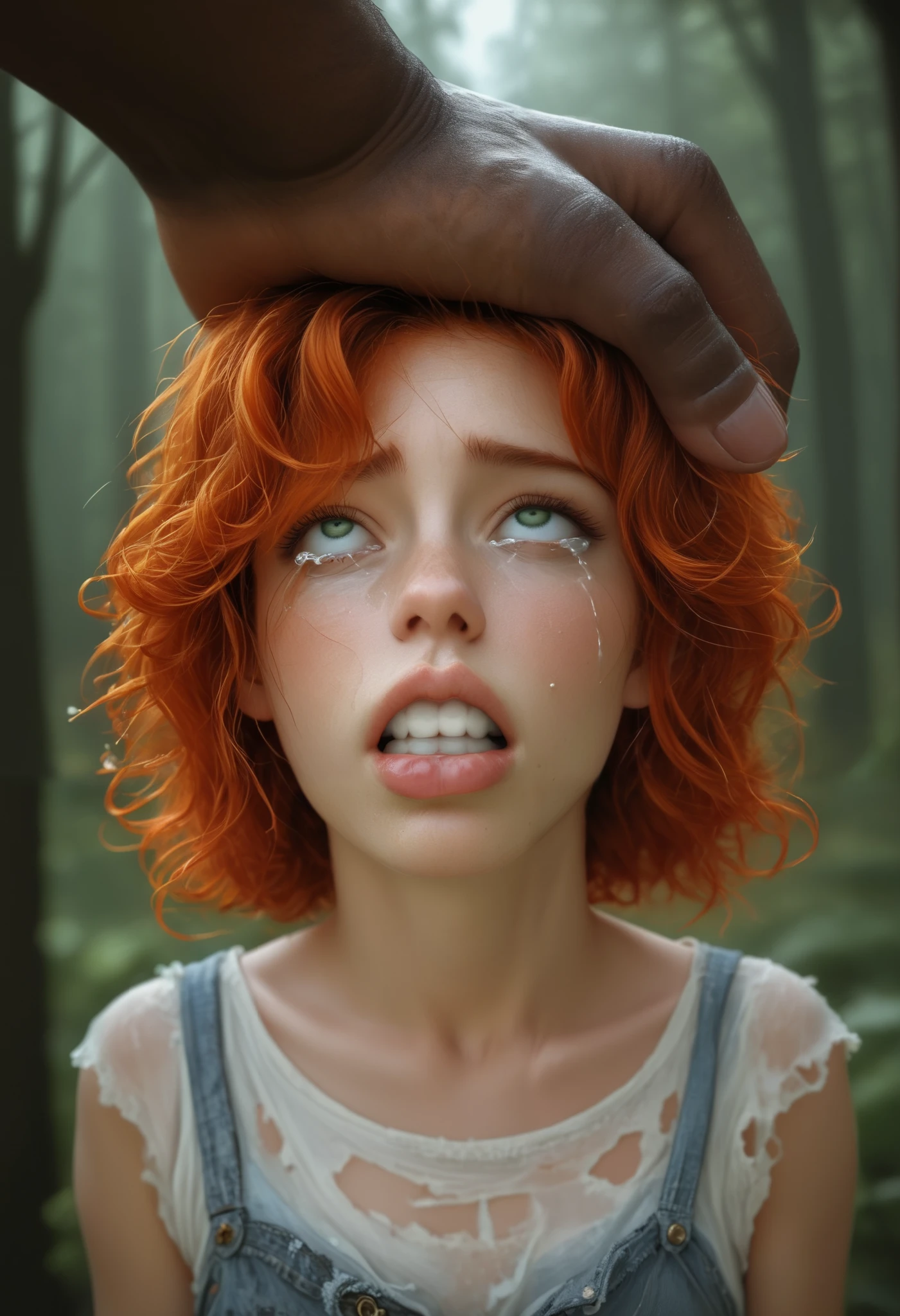 monster rape scene, pale skin girl, petite short girl, wavy orange hair, dirty hair, medium length hair, blush, green eyes rolling up, white cotton top, see-through top, torn short denim shorts, white wet panties, detailed slim legs, white sandals, one feet up, rolling eyes, shocked face expression, clenched hands, clenched teeth, detalied lips, detailed hands, oral sex, grabbing her head, roughly fucked by huge hairy minotaur, massive giant balls, cock 60cm long, cock 15cm wide, large veiny cock fully inside mouth, standing in front of her position, deepthroat, detailed minotaur cock, tears, agressive minotaur facefuck, extremely thick cock, bulged throat, impossible fit, extreme bulging insides, thick cum, foggy forest, dim light, mossy ruins, mist, grim atmosphere, gothic colours, detailed face, apocalypse atmosphere, small girl, photorealistic details, chiaroscuro, sensual and dramatic lighting, atmosphere moody, intricate details, masterpiece, ultra detailed, high quality, 8k, best quality, realistic, cinematic, dark and brooding, expressionistic, powerful composition, emotional impact, ultra realistic photo, detailed fingers, logic anatomy, realistic light, inspired by real life photos