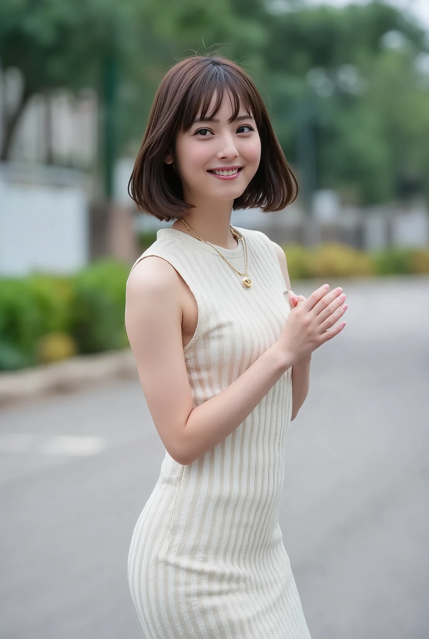(Highest quality), (Ultra-precise CG16K wallpaper), (Realistic: 1.6), (High saturation), (Sharp), Beautiful detailed shading, Beautiful natural lighting, Beautiful detailed glow, Perfect anatomy, Perfect composition, Natural light, Depth of field, (Mature 24 year old woman, One person: 1.6), (Very beautiful Japanese face), (Sasaki Nozomi), (Short bob hair, bangs: 1.6), (Shiny black hair), (Sparkling eyes), Thin eyebrows, Captivating lips, (C cup size breasts, cleavage, slim thighs: 1.6), (Beautiful breasts), (Beautiful legs), (Beautiful skin), (Vertical concave belly button), Perfect proportions, (Smile: 1.2), (Looking at me: 1.6), (Wearing a cream ivory sleeveless high neck ribbed knit mini dress: 1.6), (Wearing a necklace), (Standing pose: 1.6), (Background_Outdoors, Tree-lined road), (Full screen image), (cowboy shot: 1.6), (front view image: 1.6), the woman is standing on a tree-lined street,