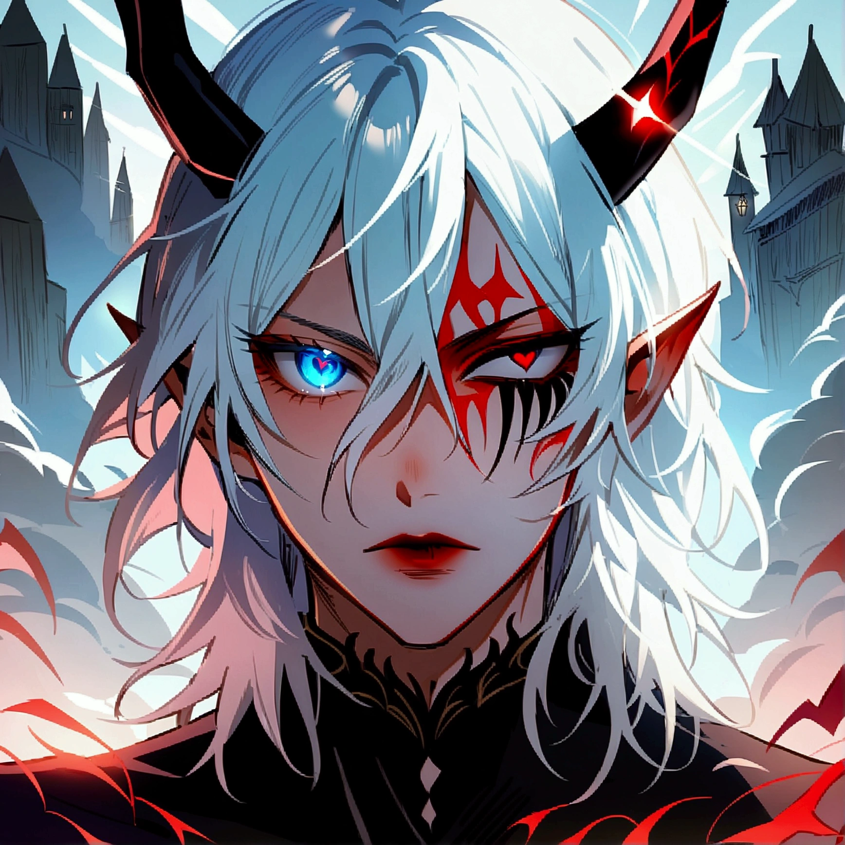 Demon with human face, horns, and a red forked tongue.red eyes and earrings on the ears. With long, black claws, best quality , masterpiece, high resolution, 4k