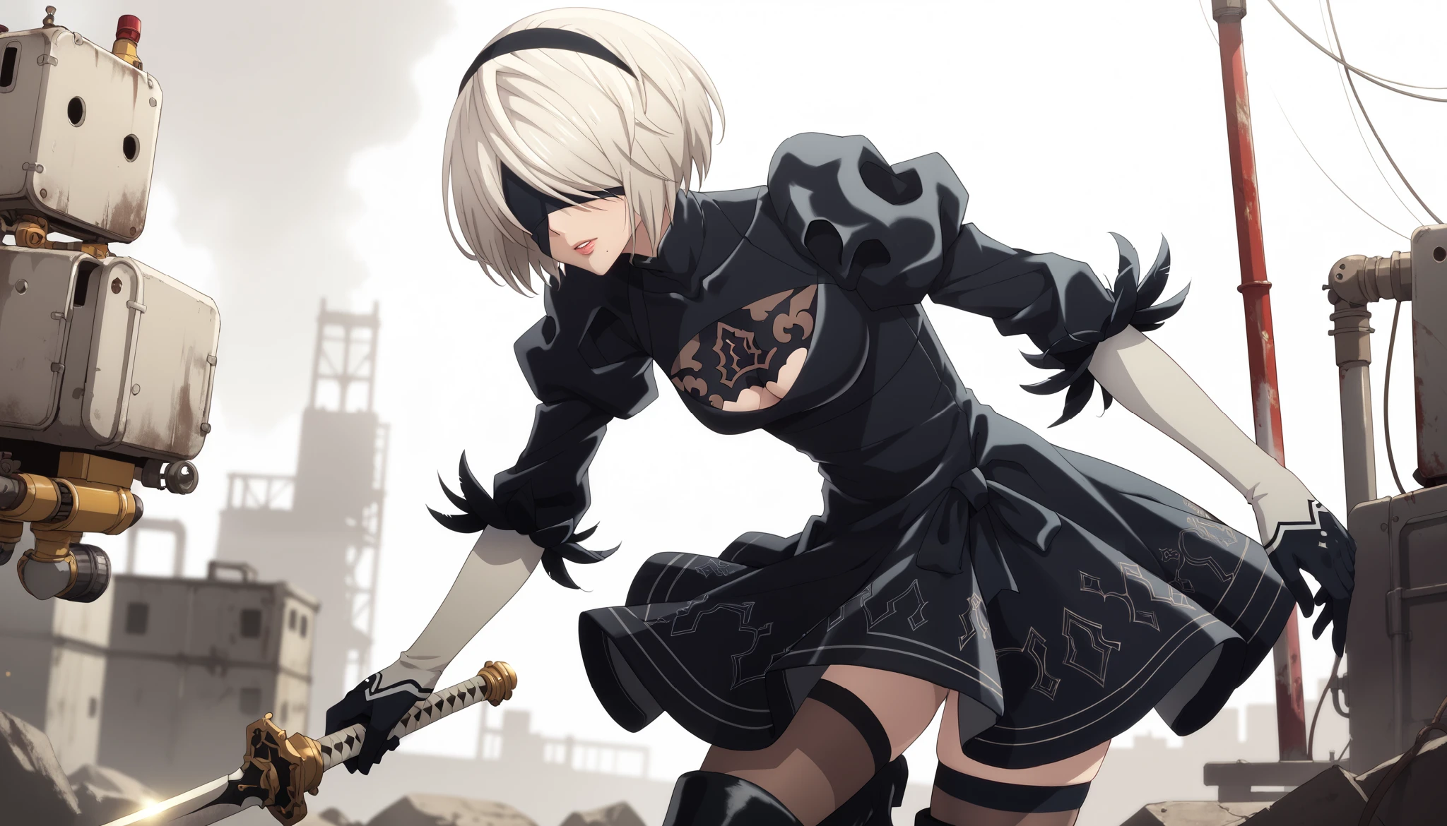 A stunning anime-style rendition of 2B (YoRHa No.2 Type B) from Nier: Automata. She is a graceful yet strong android with white hair styled in a neat bob, an elegant black blindfold covering her eyes, and a sleek black gothic-inspired battle dress adorned with intricate lace patterns. Her outfit includes thigh-high stockings and combat boots. The background is an abandoned factory, highlighting the post apocalyptic aesthetic. The artwork captures a dramatic pose emphasizing her confident and heroic demeanor. Detailed anime shading, with vibrant colors and high contrast, showcasing the character's unique charm
