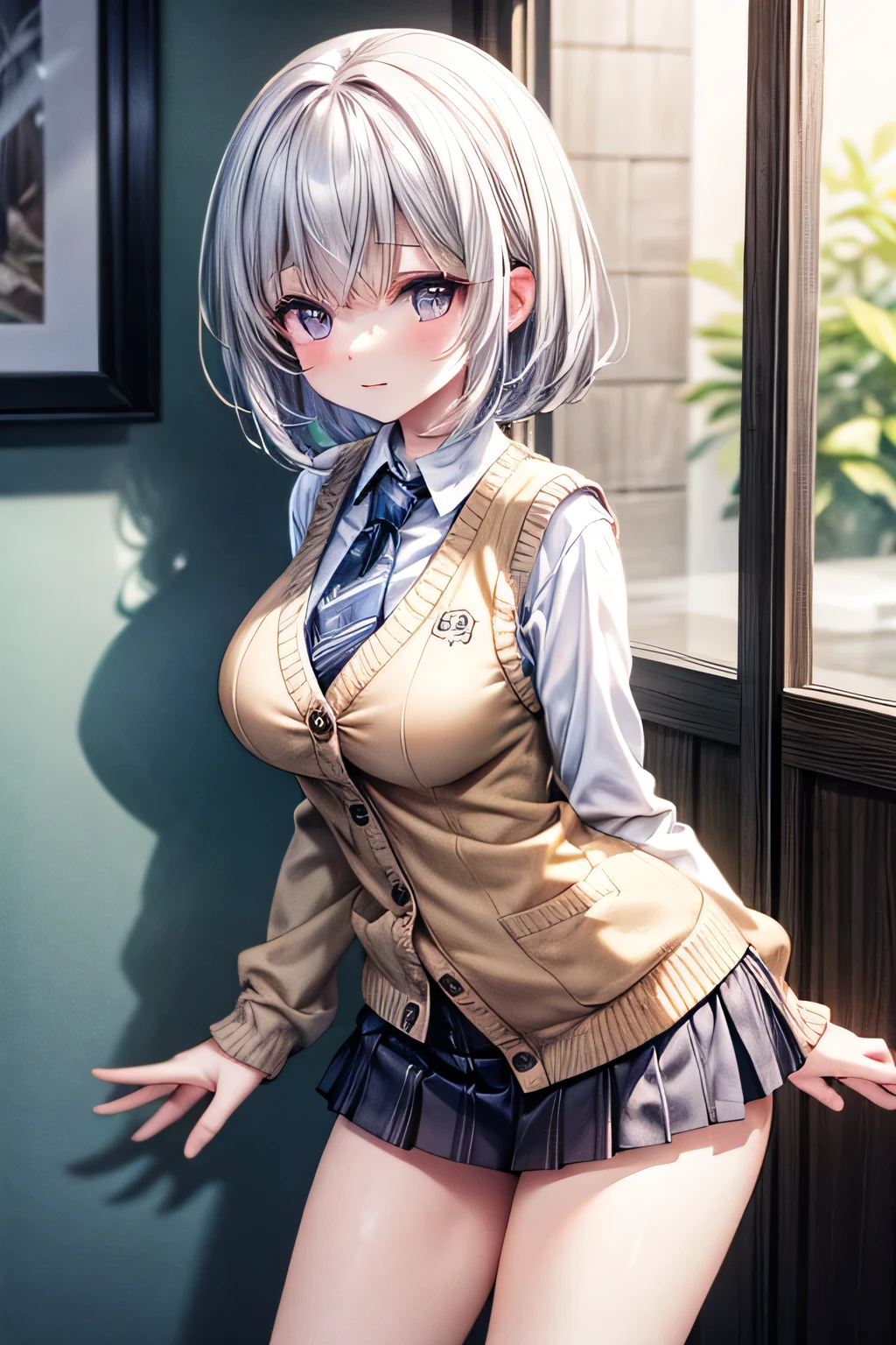 ( very detailed CG Unity 8K wallpaper),(  Masterpiece ), (  best quality ), ( very detailed), (Best Illustrations),( vest shadow ),  Big Breasts ,purple eyes and purple short hair ,, white blouse, blue tie,  Mini Skirt（Please hold the panties by hand and pull them down）, Beige Cardigan , dynamic angle 