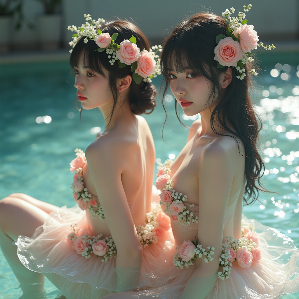 (((3 KAWAII girls laying, flower background, concept art))), ((SFW, nipple:-0.9)), (Acutance), (Extremely Detailed KAWAII Face variations, Facial expression variations), ( 8K finest-quality, ultra-detailed), ( realistic, (Hyper-Realism:1.37)), an extremely delicate and beautiful, (( covered girl's body with many many flowers)), (( no extra limbs, Detailed delicate fingers)) . full of flowers, filled with flowers, Overflowing flowers .
