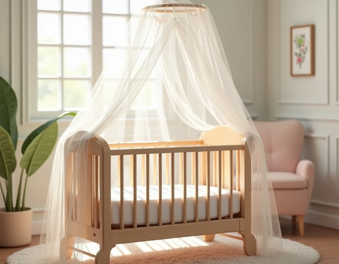 Wooden crib with a green and white checkered baby mattress, complete product shot, linen, tablecloth, covered with blanket, fully covered, colorful, checkered pattern), detailed fabric, full-length view, green plants, green Litham veil, blanket, emerald green, light blanket at the bottom on the ground, French boy around 1 year old, golden hair, full scene shooting --auto --s2