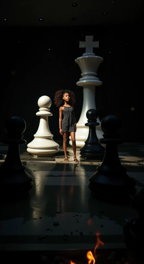 Destini, a girl on a chessboard battlefield,10 ft tall chess pieces,destruction,fires,epic fantasy scene,digital art,octane render,8k,highly detailed,cinematic lighting,dramatic atmosphere,volumetric fog,dynamic camera angle,masterpiece