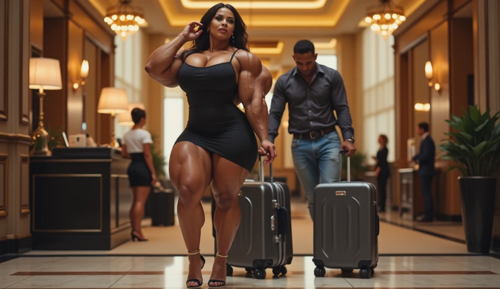  An extremely muscular and beautiful female bodybuilder , 33 years old, Caucasian, 1. 95 m in height and 128 kg in weight .  Their physique is impressive ,  with huge shapely legs , , defined arms and a torso that reflects power and perfection .  She is standing in the luxurious lobby of a five-star hotel ,  with an elegant but dominant posture , looking forward with confidence as she lightly adjusts her hair .  She wears a short, tight black silk dress ,  with high heels and shiny accessories that complement her majestic presence .

The man, 31 years old, African American, 1.70 M HIGH AND 60 KG IN WEIGHT,  she has a very slim build . is behind her,  carrying several large suitcases and clearly straining .  Her face is covered in sweat as she tries to keep her balance with luggage .  She wears a wrinkled shirt and jeans that seem out of place in the hotel's elegant surroundings,  reflecting her effort and dedication to her .

 The background shows the luxurious interior of the hotel ,  with a shiny marble floor ,  golden chandeliers and a reception desk with a modern design . The atmosphere is refined ,  with other well-dressed guests watching to the woman ,  impressed by her dominant physique and confident attitude .