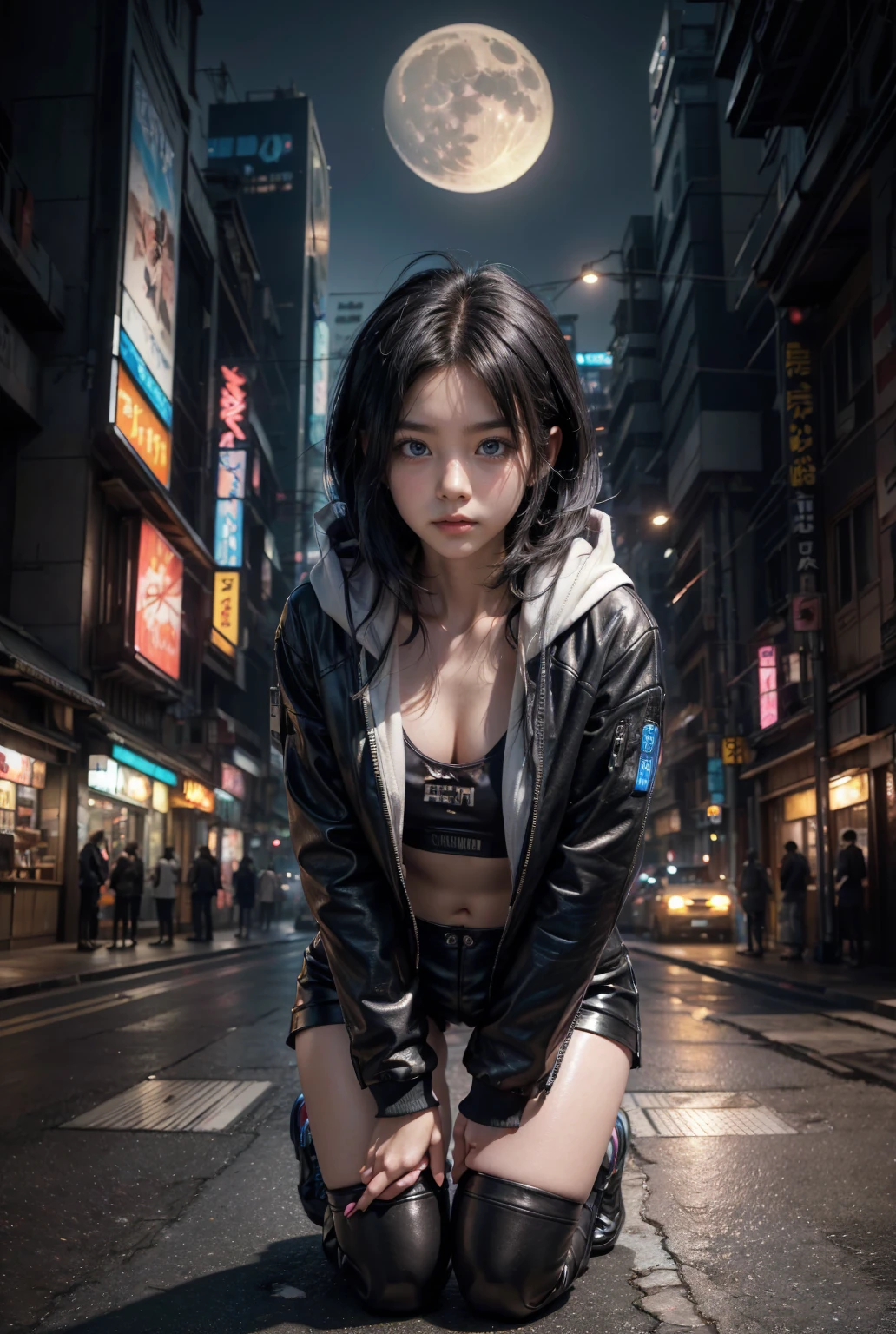 (extremely detailed CG unity 8k wallpaper,masterpiece, best quality, ultra-detailed),(best illumination, best shadow, an extremely delicate and beautiful),(1 girl) wearing a tank top, (long black hair:1.2+blonde hair+purple hair+red hair:1.1), beautiful face, bright eyes, (dynamic pose:1.1+casual pose), (cityscape+futuristic city:1.2+cyberpunk city), (vibrant colors+pastel colors), (blurring background+depth of field), (volumetric lighting:1.2+glowing neon lights) --auto