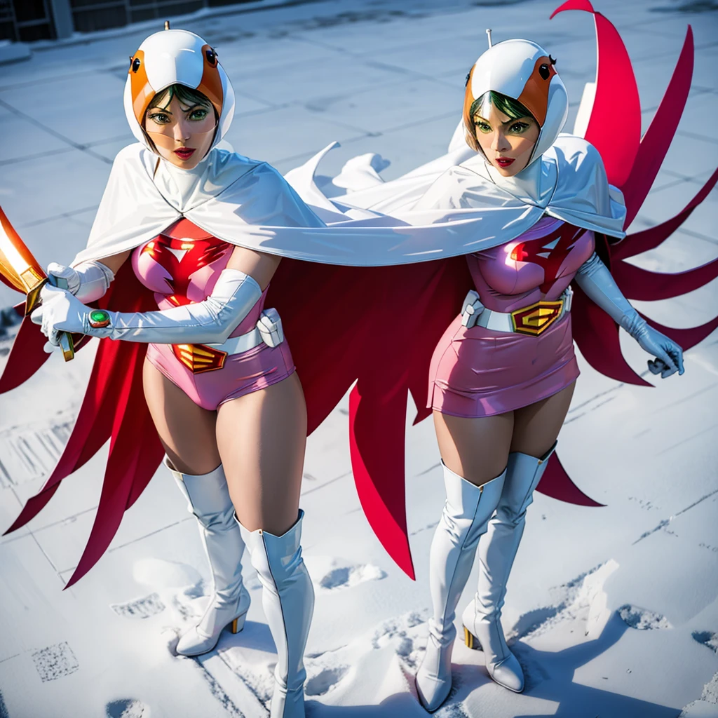 ANI_CLASSIC_jun_gatchaman_ownwaifu,1girl, s old, good anatomy, masterpiece, best quality, realistic, hyperrealistic, 16k hdr, breasts, green eyes, lips, large breasts, lipstick, makeup, gloves, cape, helmet, belt, elbow gloves, white gloves, mask, ultra miniskirt, leotard, spacesuit, white tight overknee highheels boots, pink dress, superhero,bodysuit,(lying flat poses, view from above),pantyhose