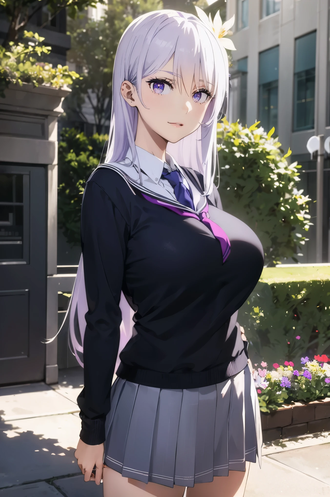 masterpiece, (huge tits ), (((school uniform))), nectie, white short skirt, (best quality), (solo), 1girl, reona, silver hair, purple hair , long hair, purple eyes ,(photorealistic:1.1), 8k uhd, looking a viewer, outdoors, simple backround, smile, flower hairclip