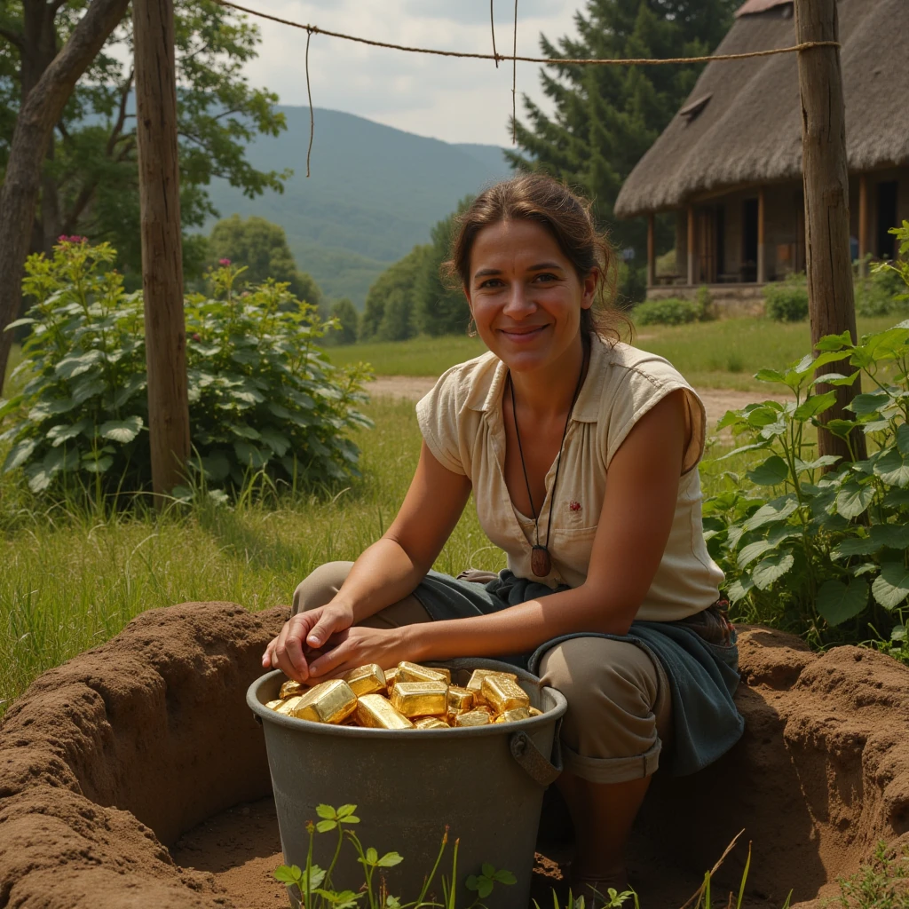 A young Native American woman sits by the edge of the British Columbia seashore, her face glowing with happiness as she tends to the food being prepared. The lush temperate rainforest is far in the background, over hills and mountains, with the snow-capped peaks of the Rocky Mountains visible in the distance.
Around her, several traditional Coast Salish lodges, or "longhouses," made from wood and covered with animal hides, are set up. These lodges are constructed from bison and deer hides, stretched over wooden frames, and adorned with intricate beadwork and traditional symbols. Short tree stumps and large stones are arranged as seating near the lodges. The camp is bustling with activity as other members of the Coast Salish tribe engage in various tasks.
The woman is dressed in authentic Native American clothing typical of her tribe. She wears a fringed deerskin dress decorated with intricate beadwork and traditional symbols. Her long, black hair is braided and adorned with colorful beads and feathers. Her light blue eyes and full lips stand out against her sun-kissed skin, framed by high cheekbones and expressive eyebrows. She has a traditional tattoo, an intricate design that tells a story of her heritage and achievements.
Nearby, traditional Coast Salish foodstuffs such as venison and salmon are being prepared on wooden skewers. Corn, beans, and squash are also part of the meal, with herbs and seasonings stored in handcrafted clay pots and wooden bowls. Stone knives and grinding stones, known as "muk" and "tsin," are used for food preparation, reflecting the tribe's resourcefulness. Cups and plates made from clay, either dried in the sun or fired in the campfire, are used for serving food. Wooden utensils and animal bone tools are also present, highlighting the use of natural materials.
The beach is a lively scene, with other tribe members fishing by string or by hand along the shore, pulling fresh fish from the water. Some are working on wood, crafting canoes