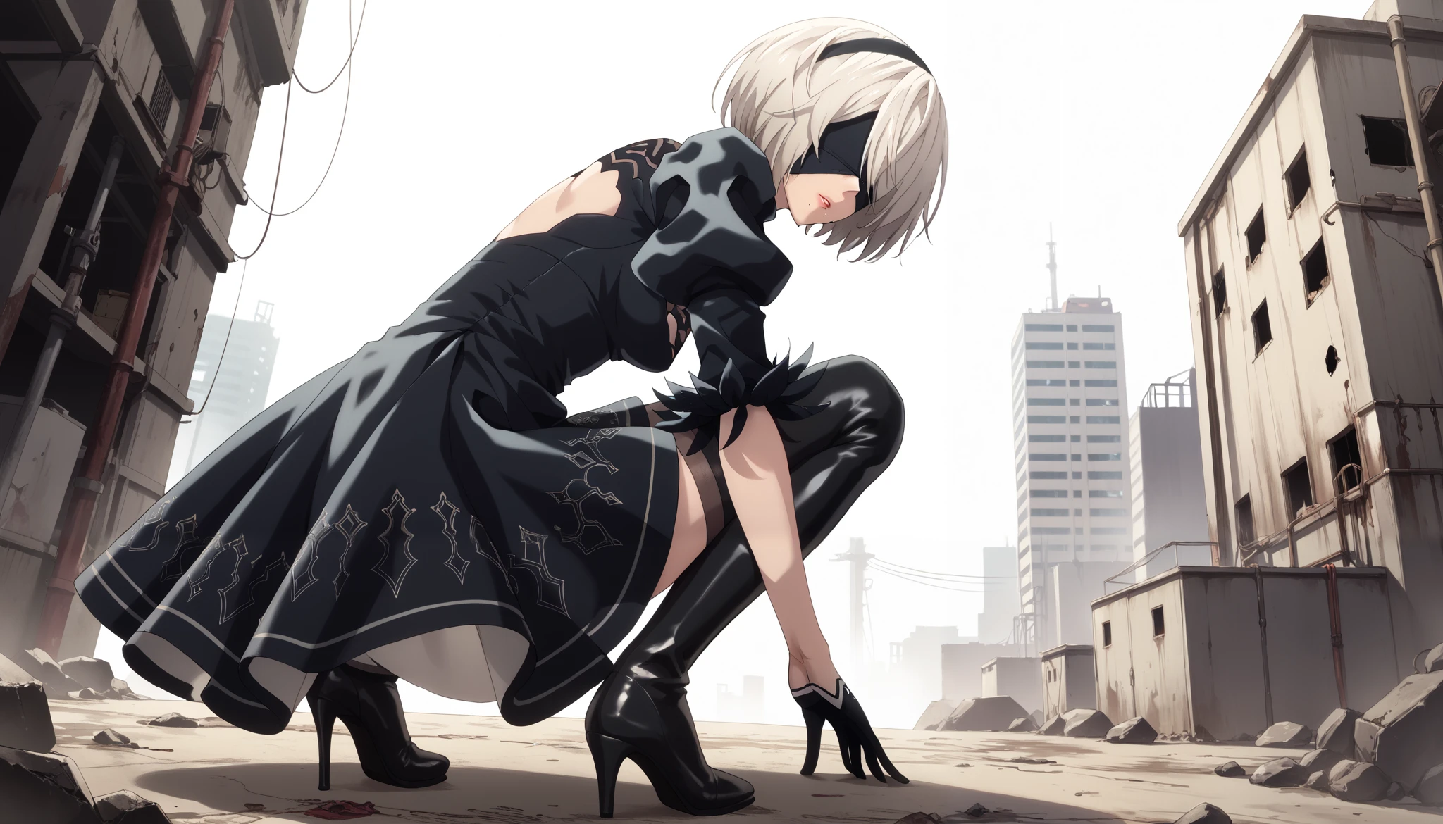 A stunning anime-style rendition of 2B (YoRHa No.2 Type B) from Nier: Automata. She is a graceful yet strong android with white hair styled in a neat bob, an elegant black blindfold covering her eyes, and a sleek black gothic-inspired battle dress adorned with intricate lace patterns. Her outfit includes thigh-high stockings and high heel boots. The background is an abandoned city, highlighting the post apocalyptic aesthetic. The artwork focuses on the abandoned city instead of 2B emphasizing the loneliness and post apocalyptic aesthetic. Detailed anime shading, with vibrant colors and high contrast, showcasing the character's unique charm