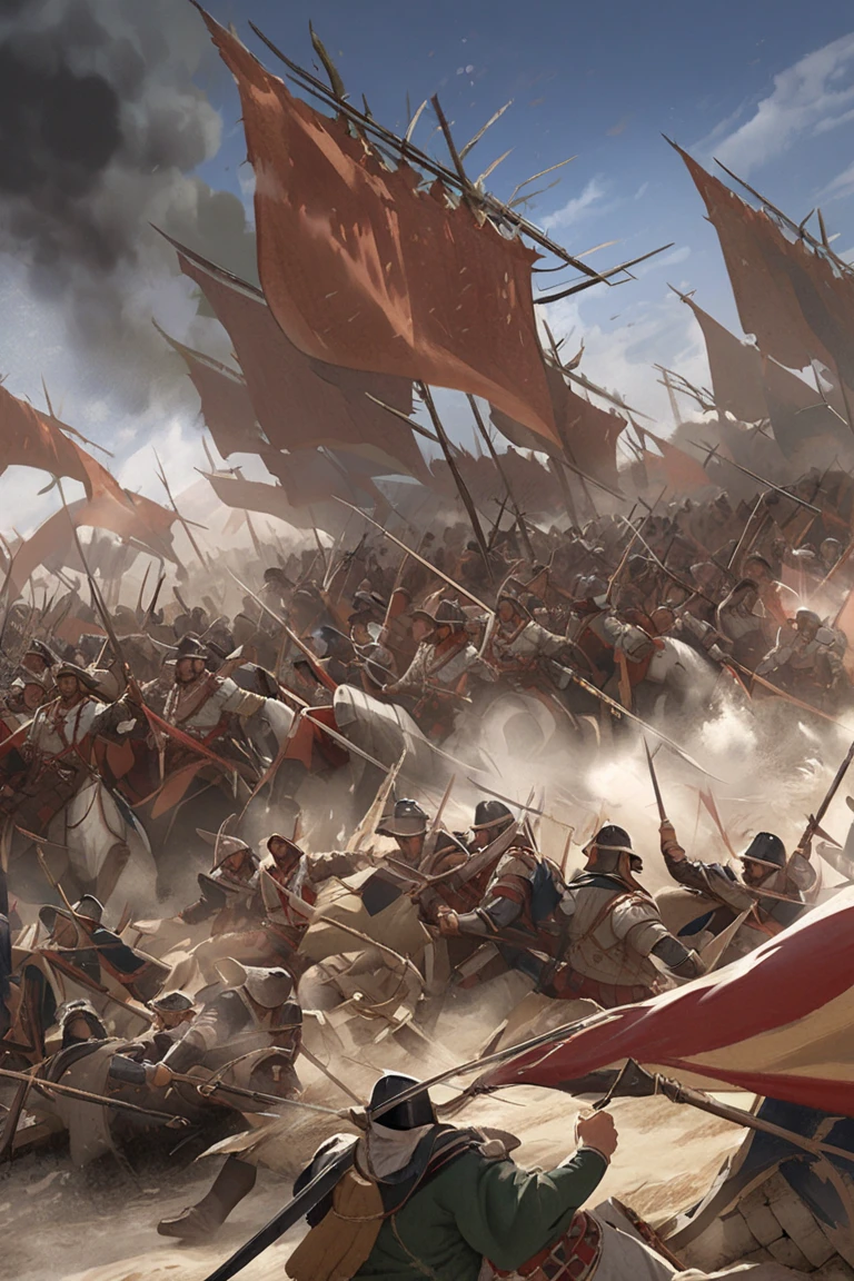 painting of a battle with a large group of men in armor, by Peter de Sève, battle of 1453, battle scene, by Artur Tarnowski, by Antonio de la Gandara, battle of helmand moebius, battlefield scene, by Louis de Caullery, war scene, battle landscape, soldiers charging in